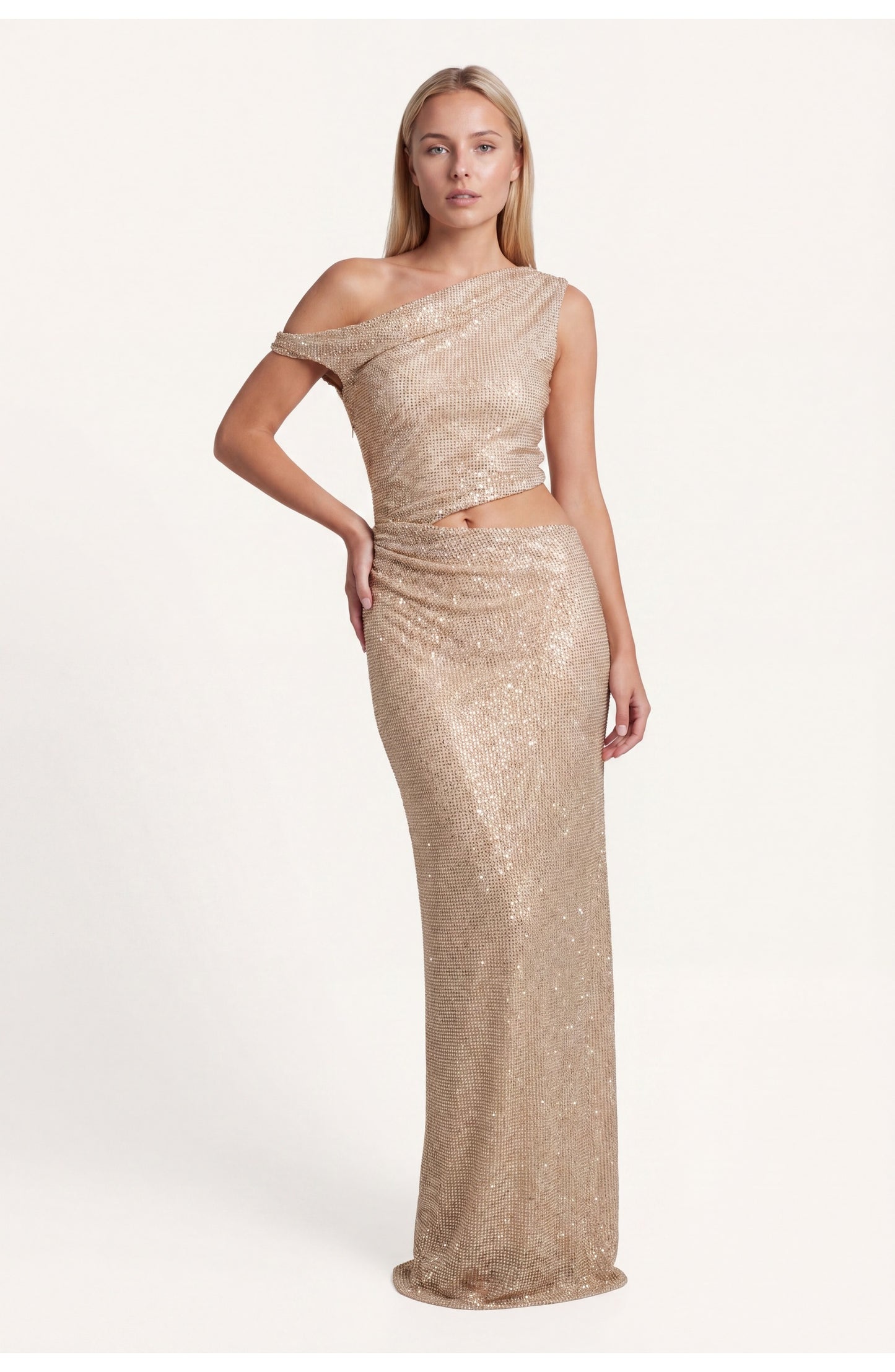 Dames Maxi Jurk | One Shoulder | Pailletten Afwerking