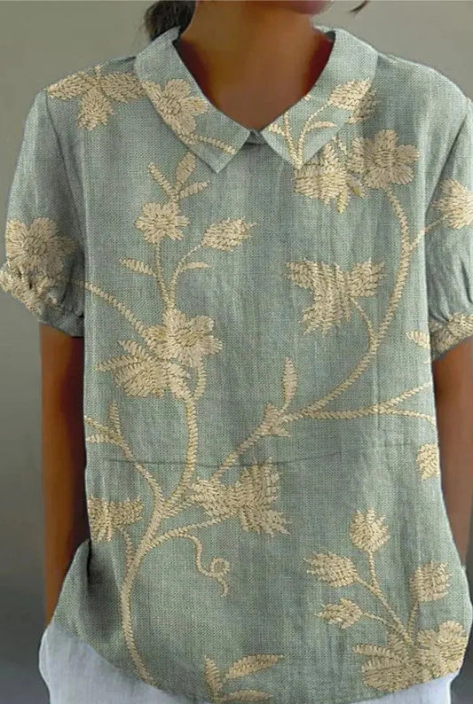 Clarinde Dames T-shirt | Geborduurde Bloemen | Korte Kraag