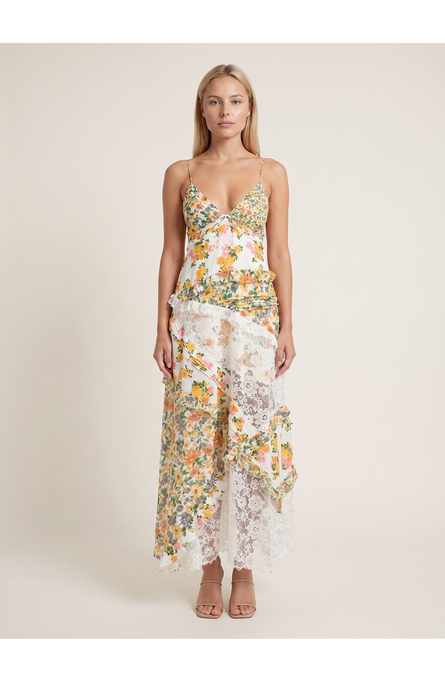 Joanna Dames Maxi Jurk | Blauwe Bloemenprint | Witte Kanten Details