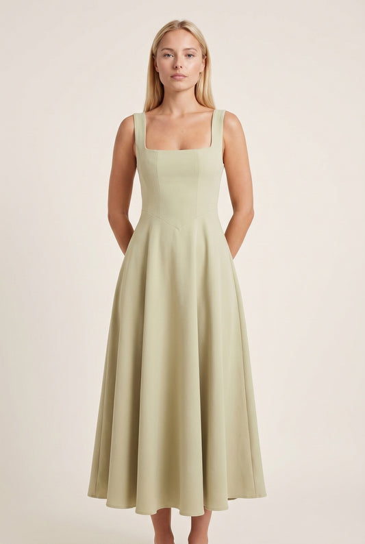 Lalie Women's Midi Dress | Square Neckline & Wide Straps | A-Line