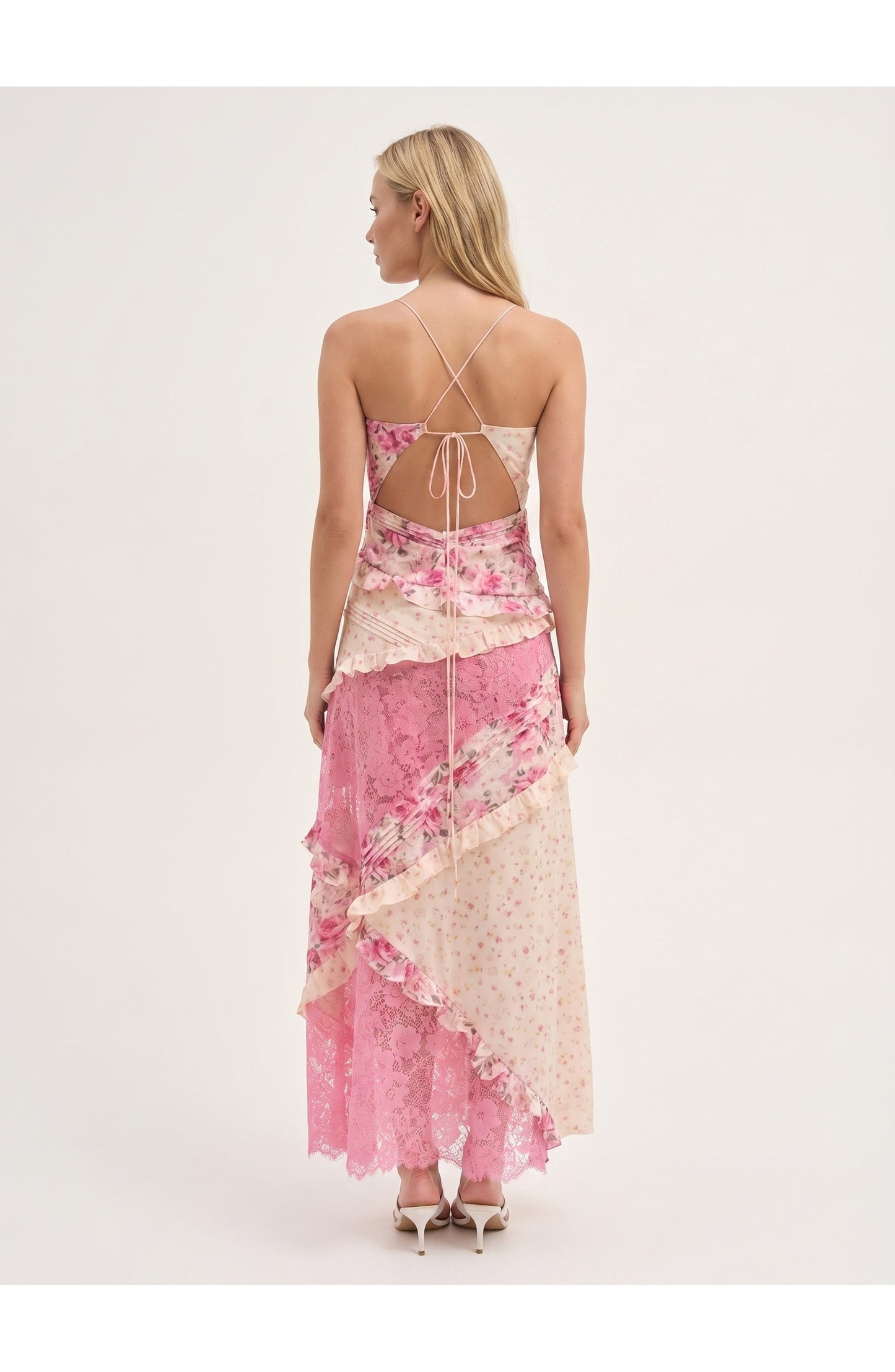 Joanna Dames Maxi Jurk | Blauwe Bloemenprint | Witte Kanten Details