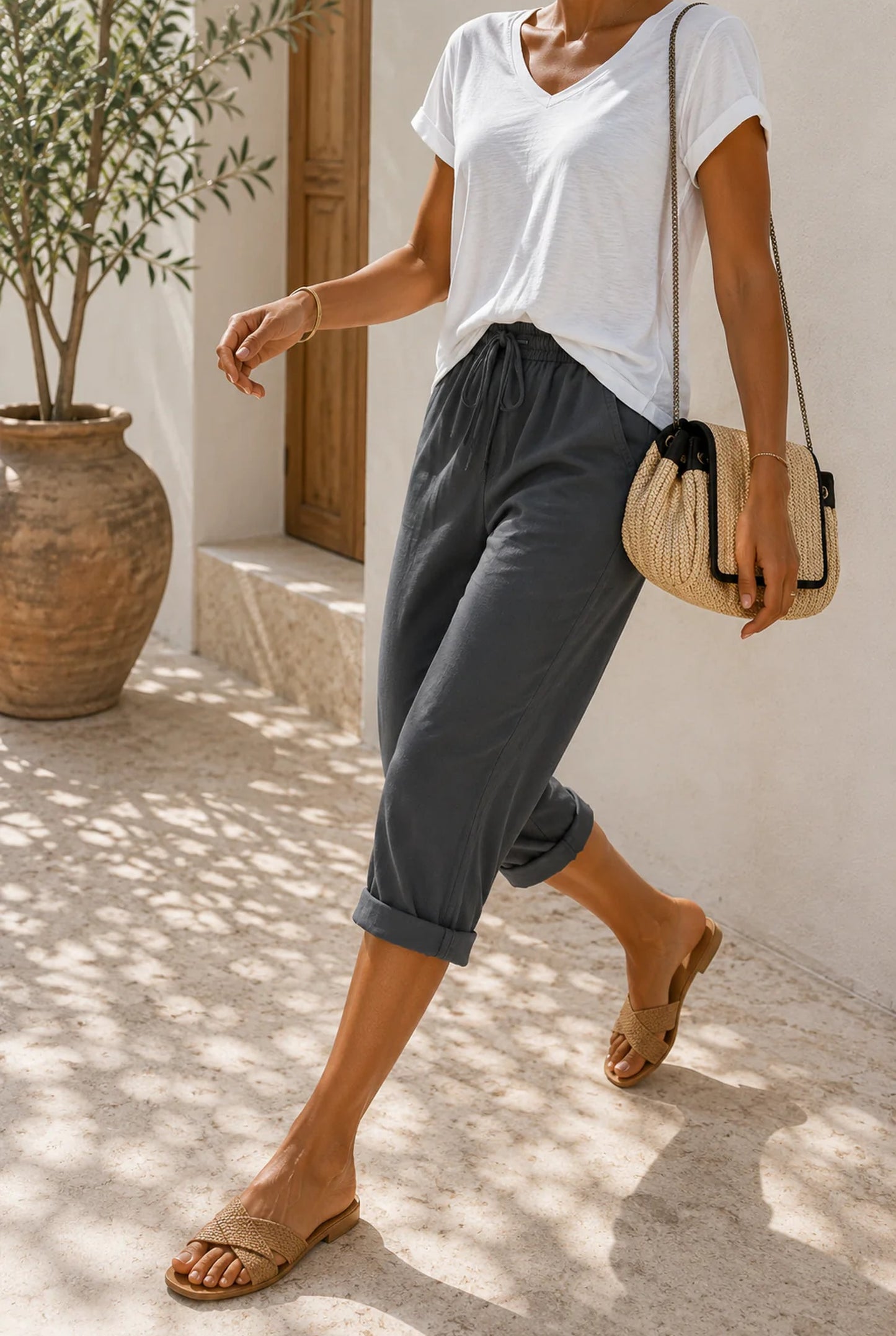 Dames Broek | Opgerolde Pijpen | Elastische Taillekoord