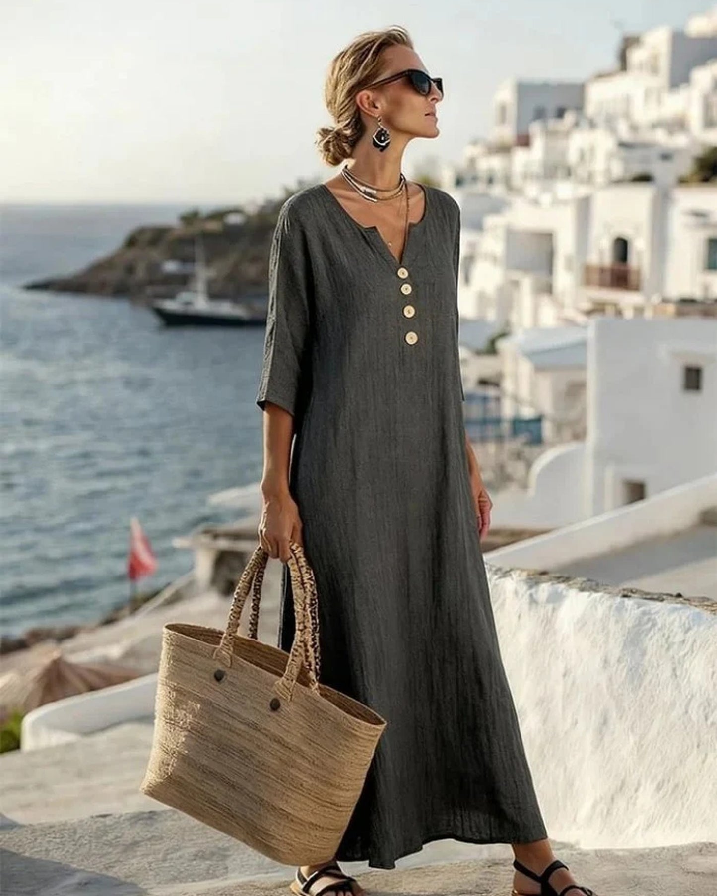 Priscille Dames Midi Jurk | V-Hals met Knopen | Driekwart Mouwen