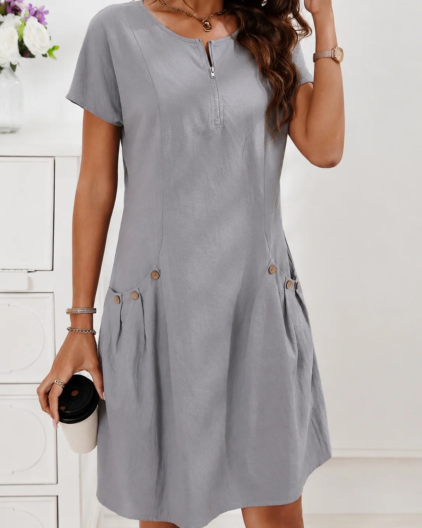 Candida Dames Midi Jurk | Voorzakken | Korte Mouwen