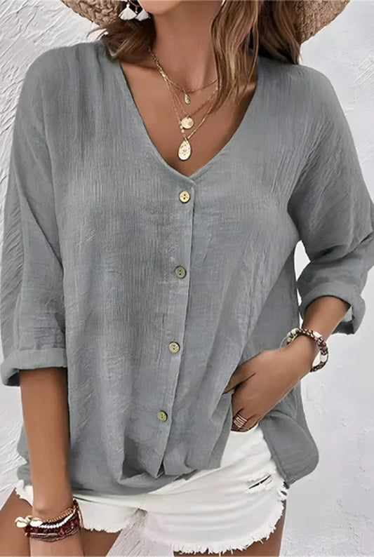 Calliste Dames Top | V-Hals | Knoopsluiting Voorpand