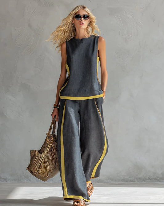 Aminte Dames Co-ord Set | Contrasterende Bies | Wijde Pijpen
