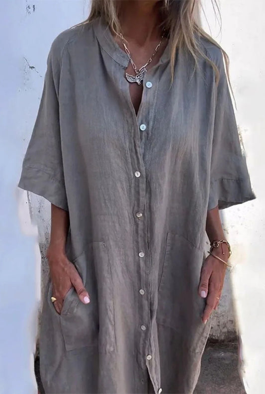 Chantale Dames Midi Jurk | Blousejurk met Knoopsluiting en Zakken | Losvallend