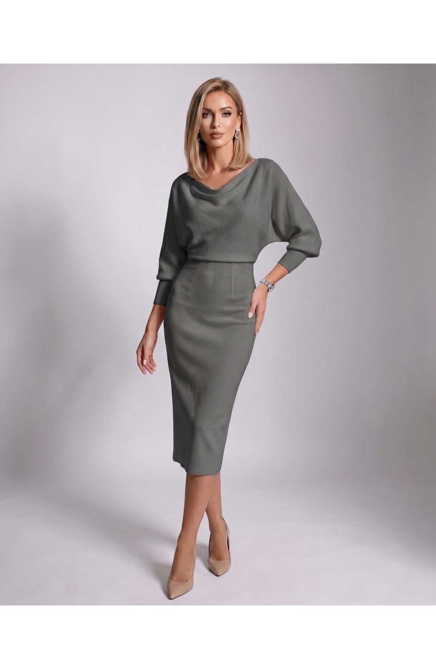 Brigitte Women's Midi Dress | Waterfall Neckline | Balloon Sleeves