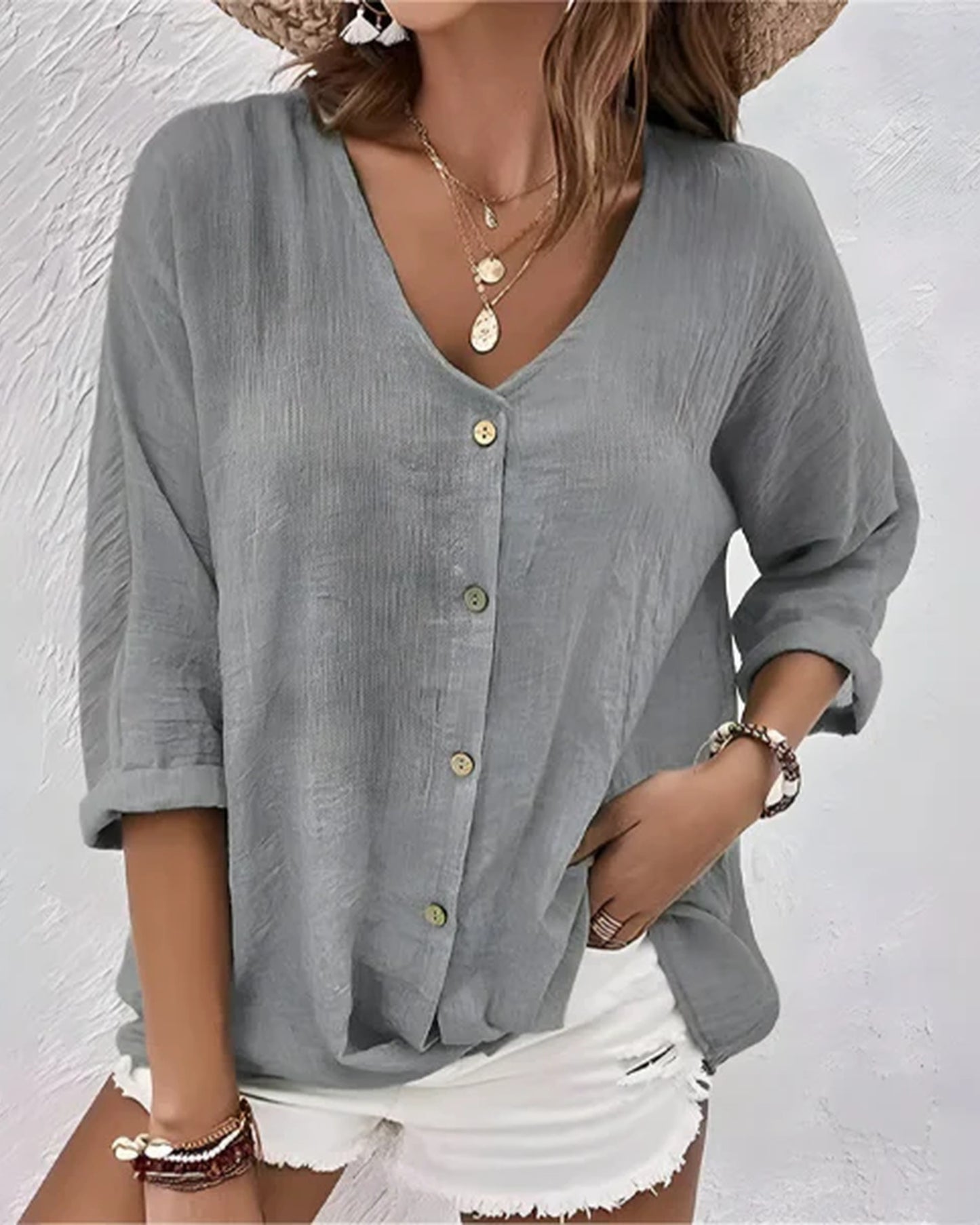 Anicette Ladies Top | Linen Look V-Neck | Button-fastening & 3/4 Sleeves