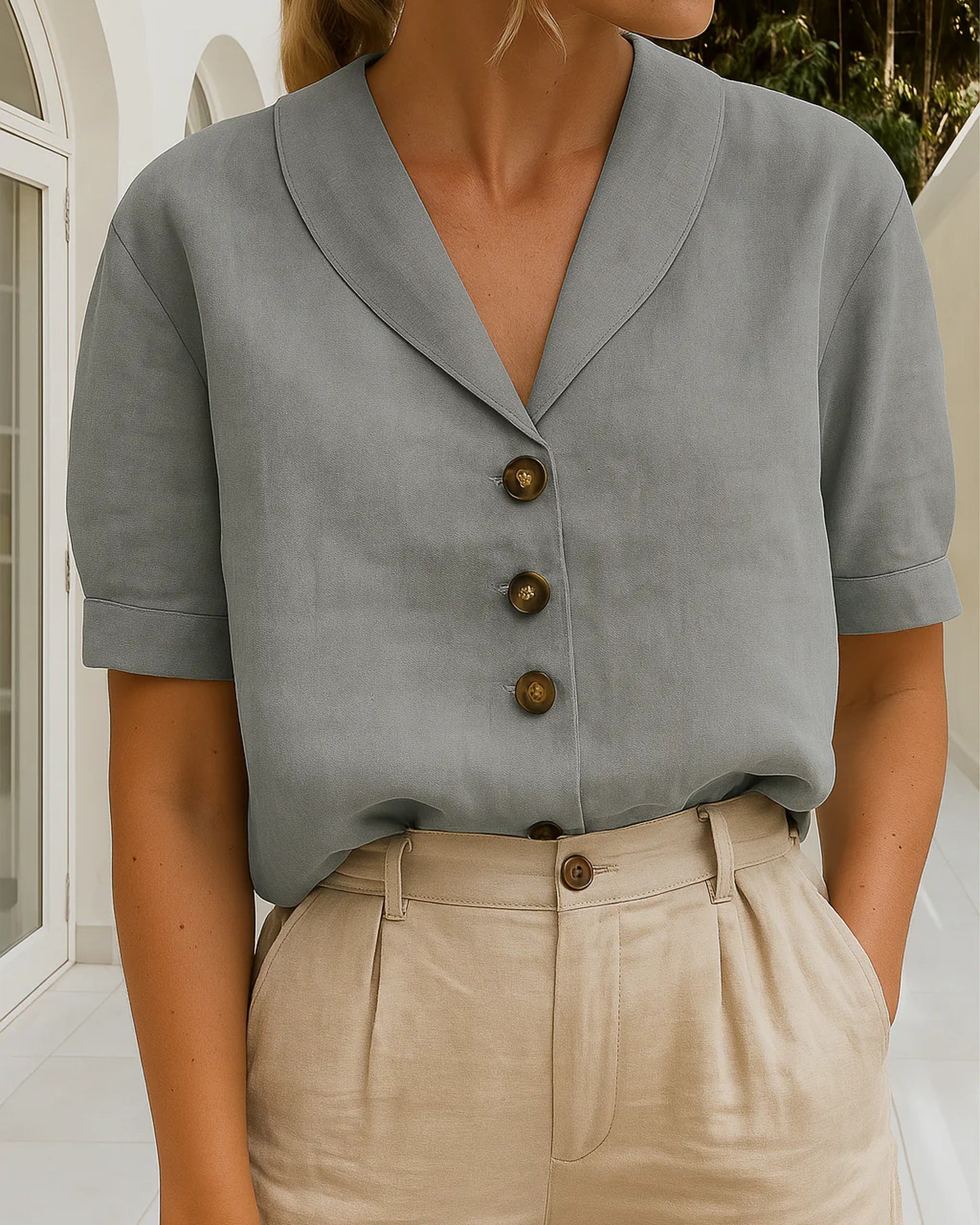 Arabelle Dames Top | Reverskraag | Korte Omgeslagen Mouwen