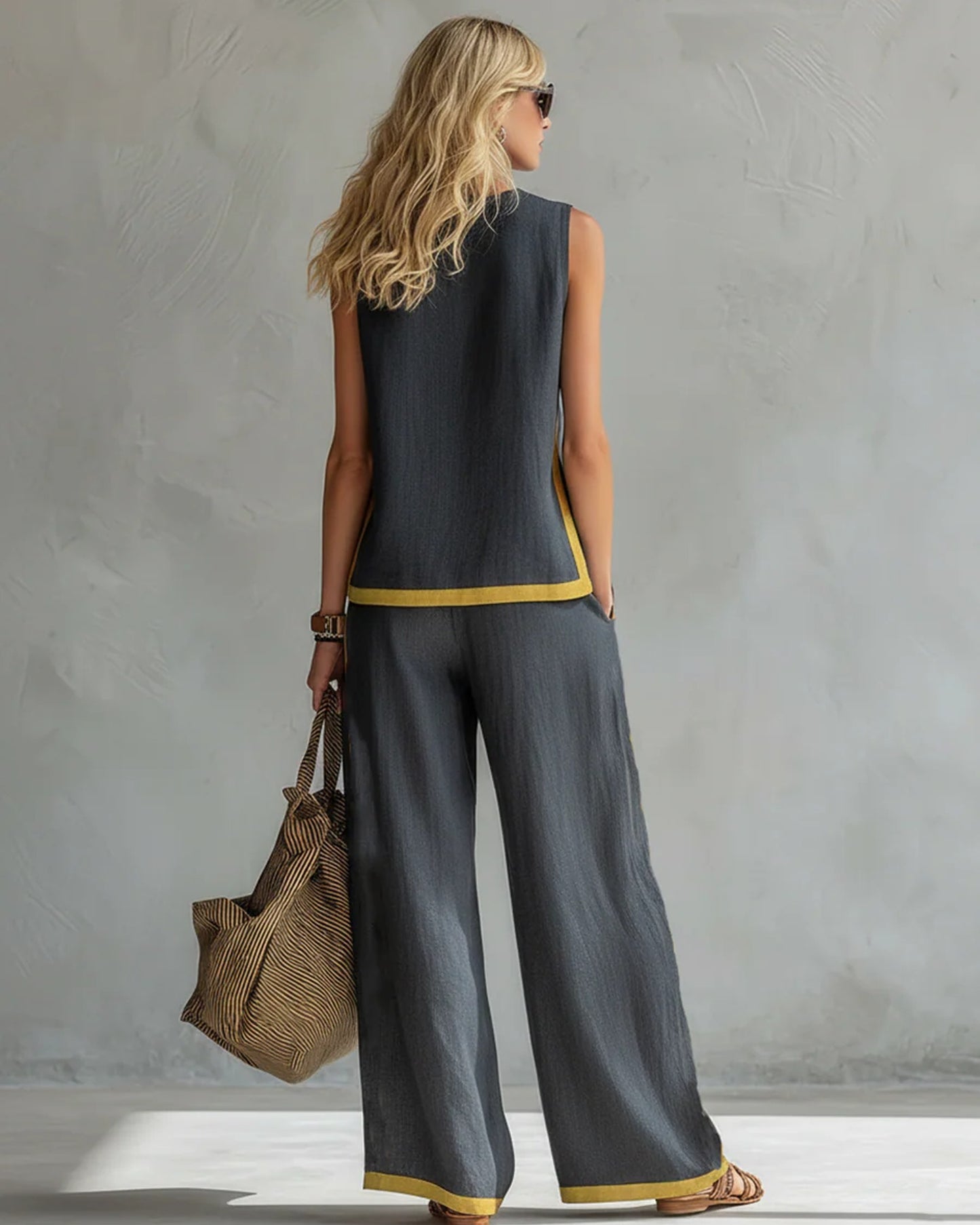 Aminte Dames Co-ord Set | Contrasterende Bies | Wijde Pijpen