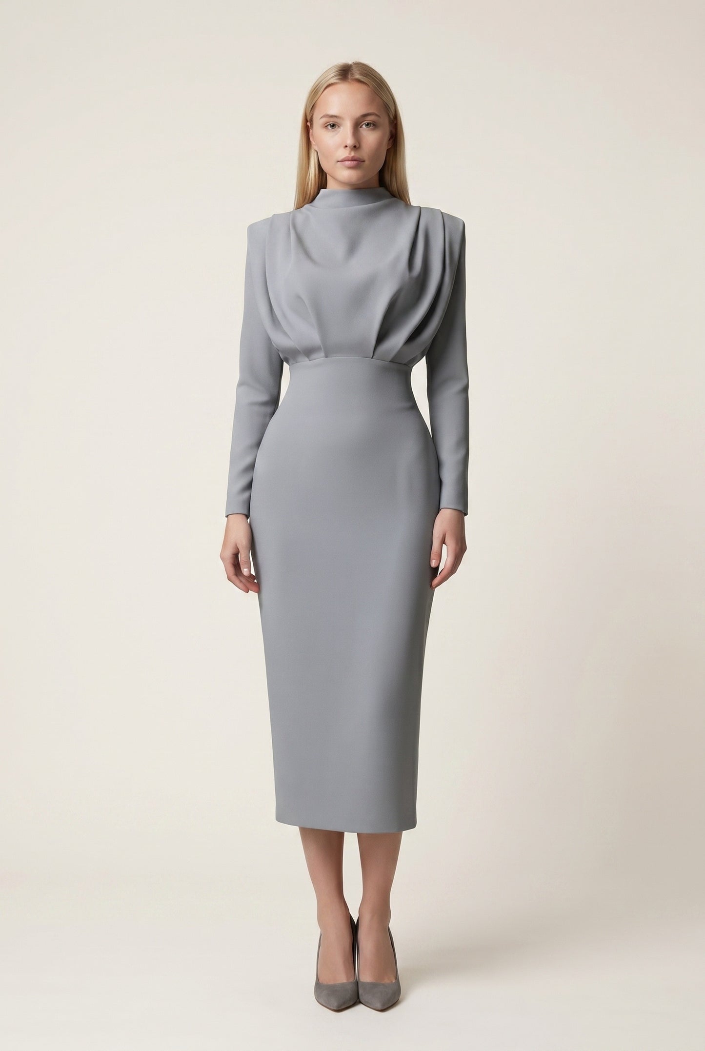 Norma Dames Midi Jurk | Hoge Hals | Gedrapeerd Design