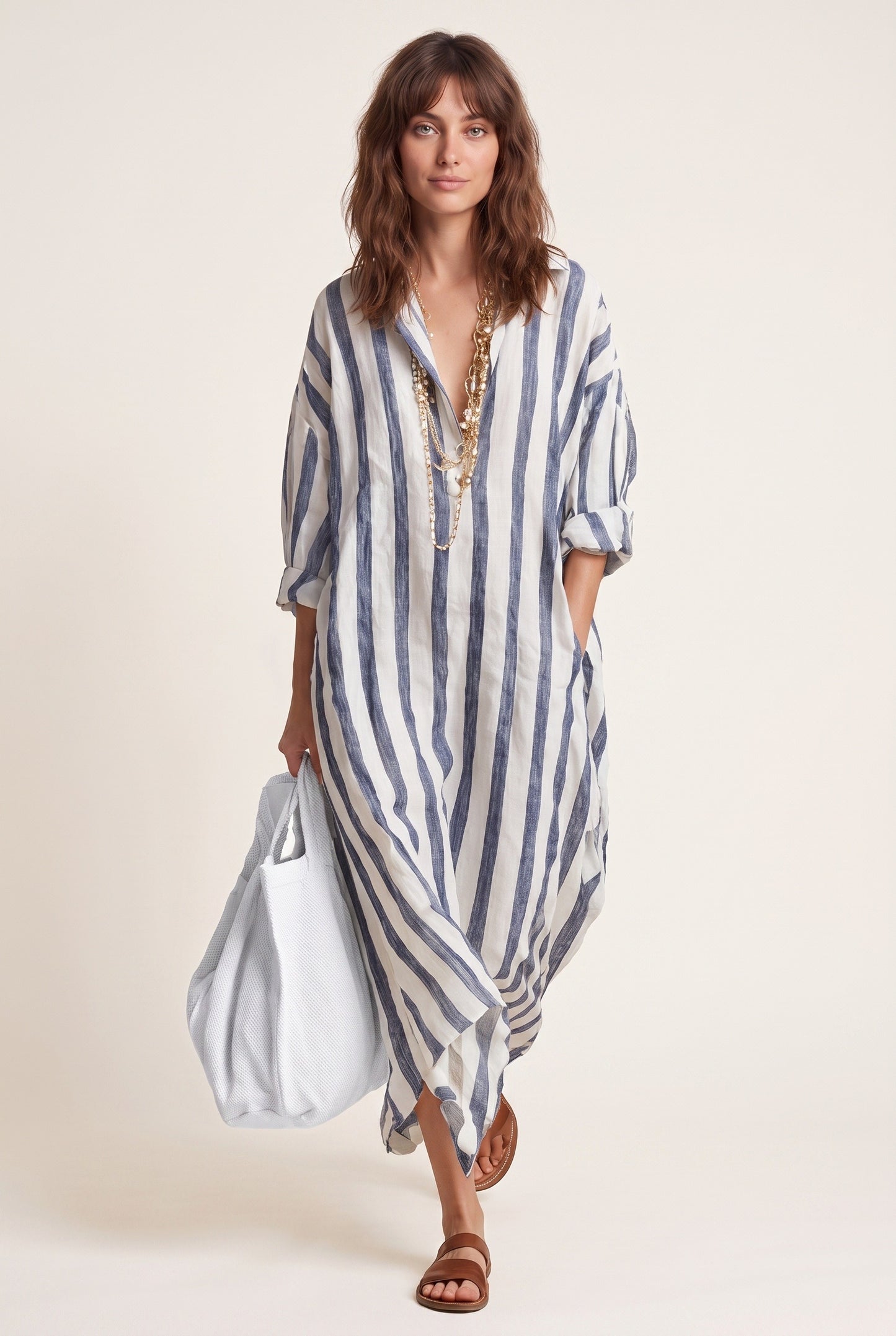 Pétronille Dames Maxi Jurk | Streepjesprint | V-Hals