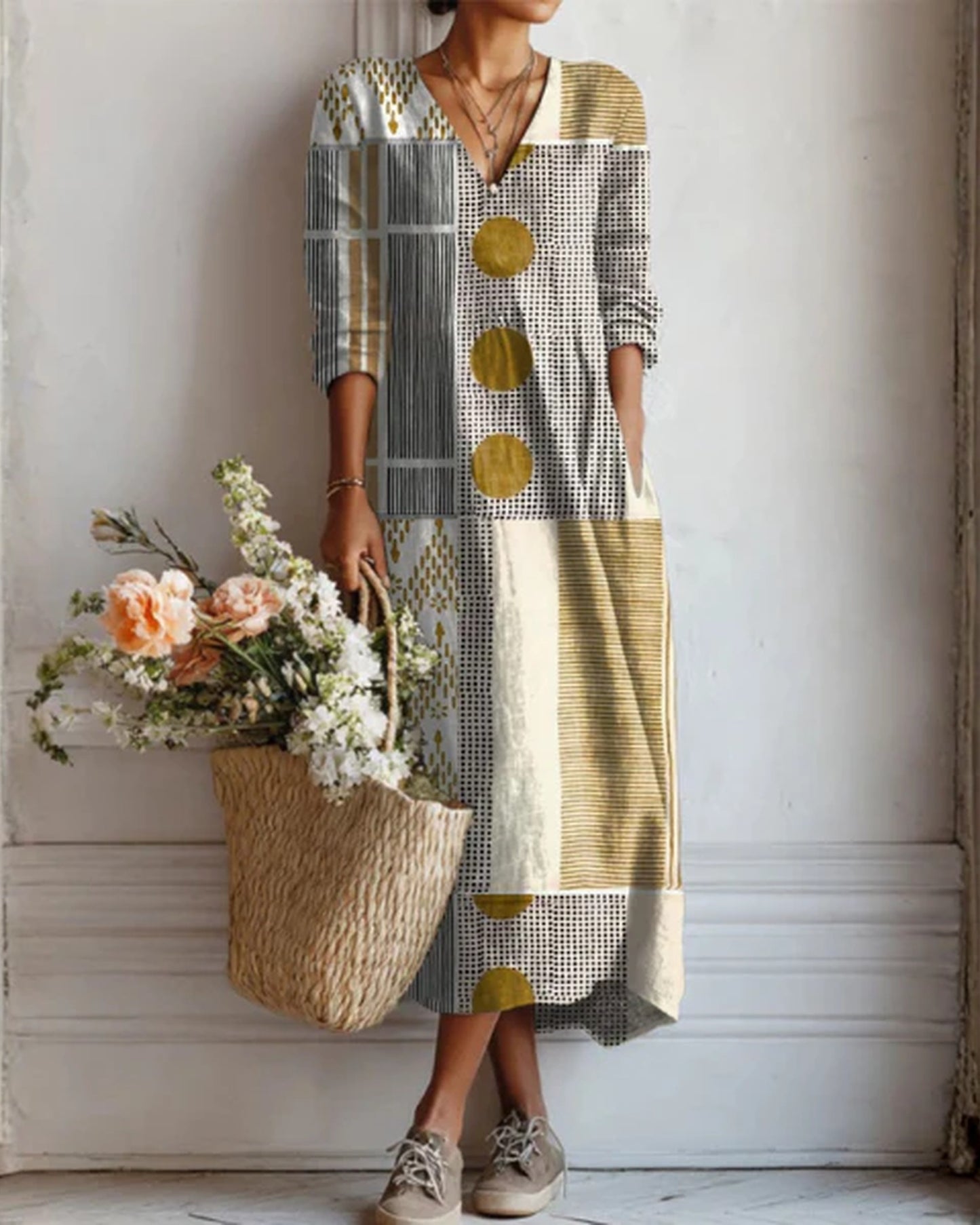 Adolphine Dame Midi Kjole | Blomsterprint | V-Hals med Knapper
