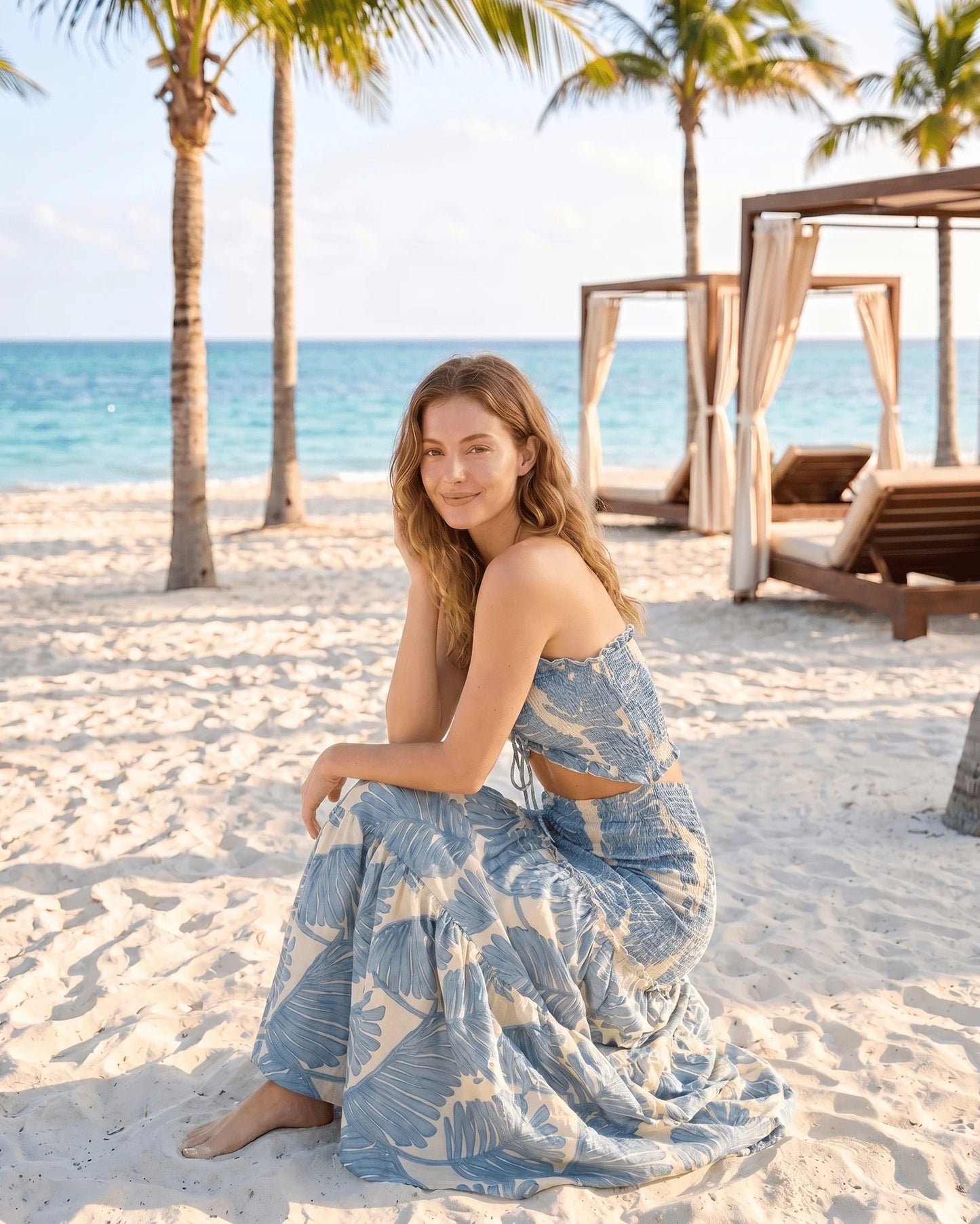 Marina Women's Maxi Dress | Palm Leaf Print | Strapless Cut-Out Detail