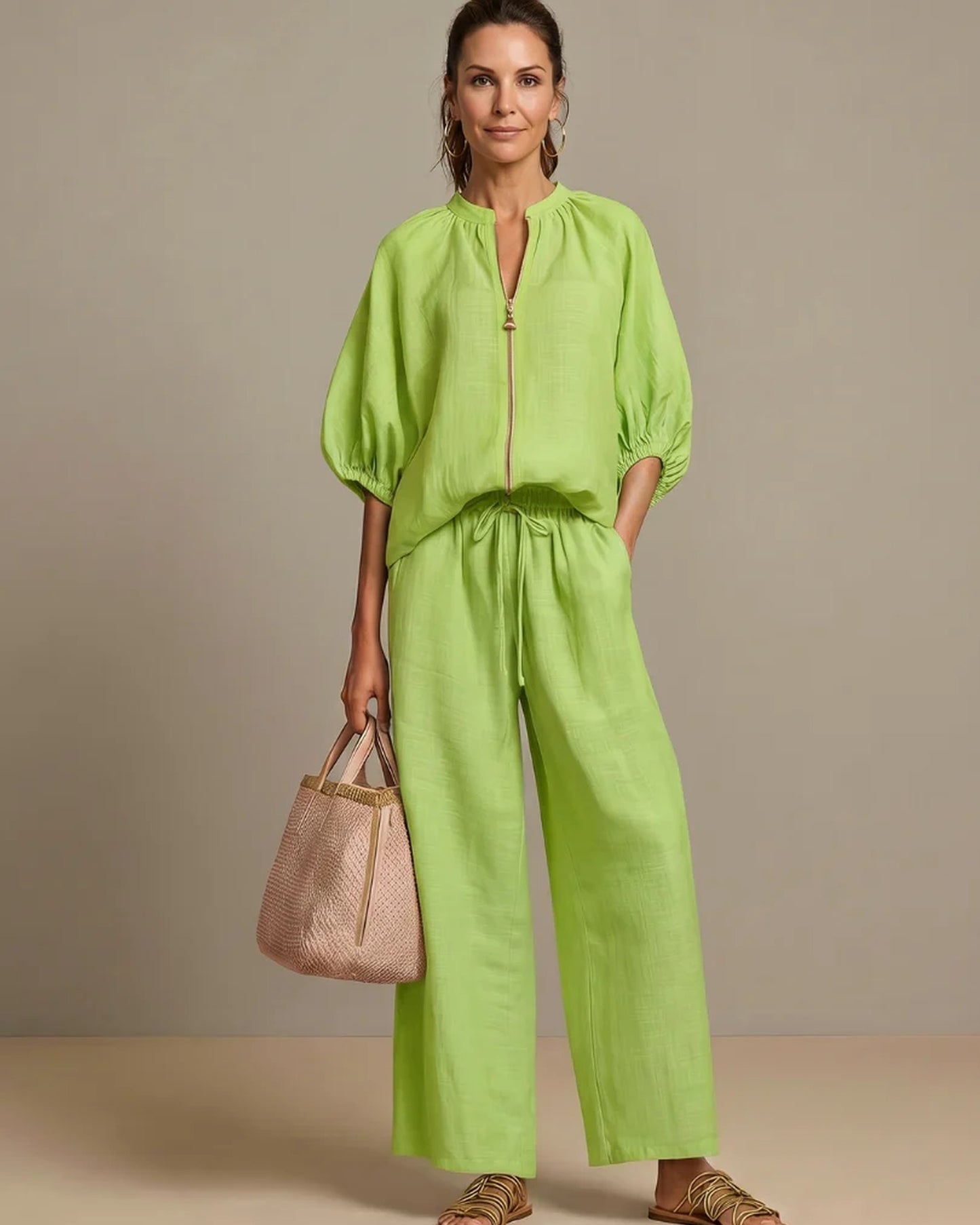 Andréa Dames Co-ord Set | Ballonmouwen | Ritssluiting Voorkant