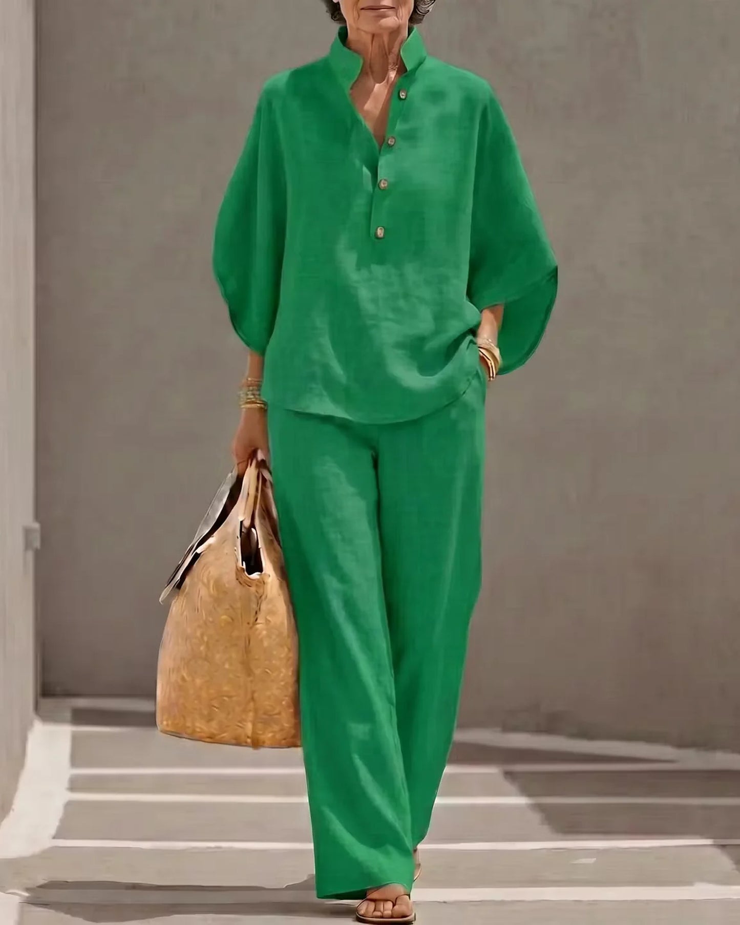 Orane-Fernandine Dames Co-Ord Set | Knoop Placket | Wijde Pijpen