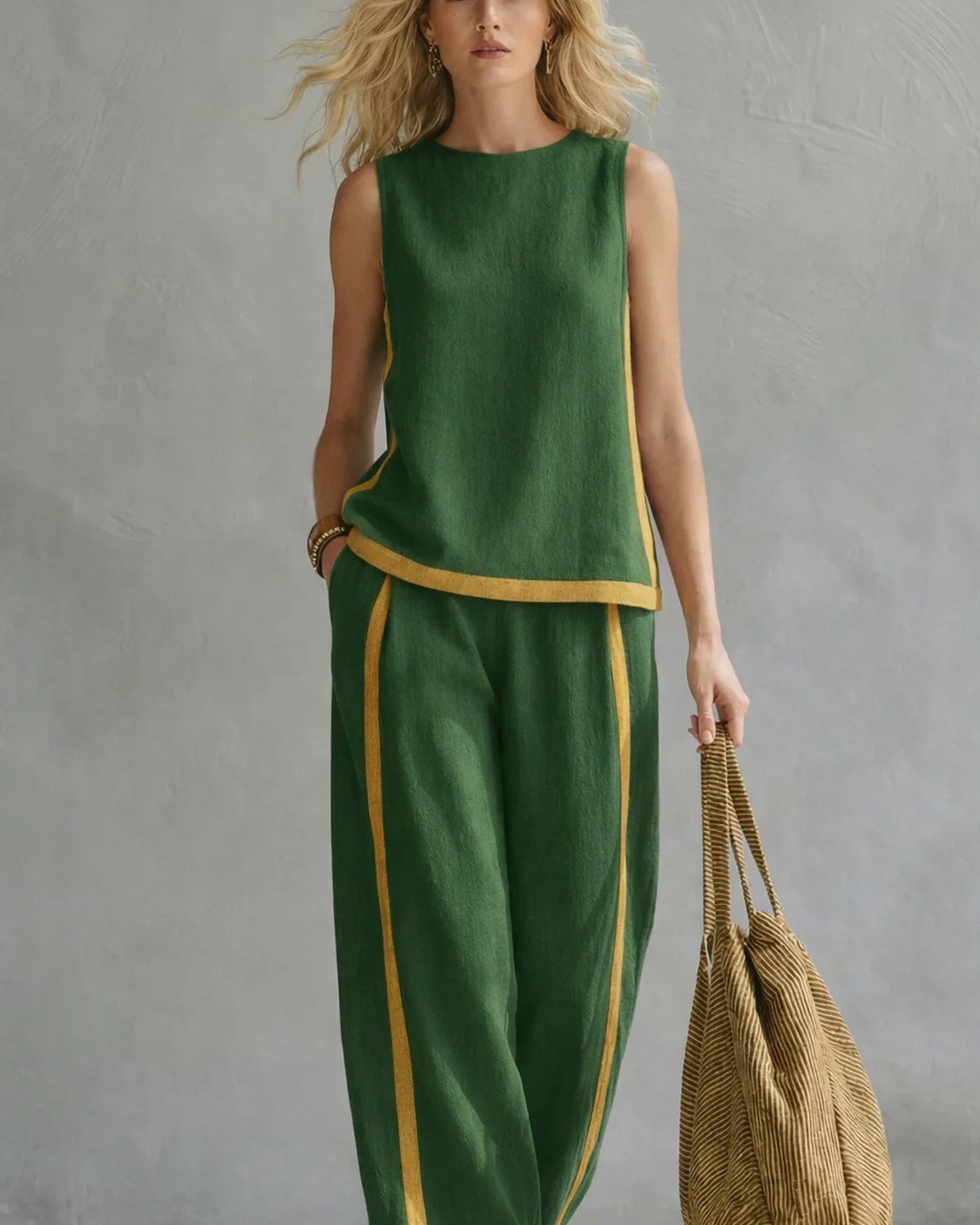 Aminte Dames Co-ord Set | Contrasterende Bies | Wijde Pijpen