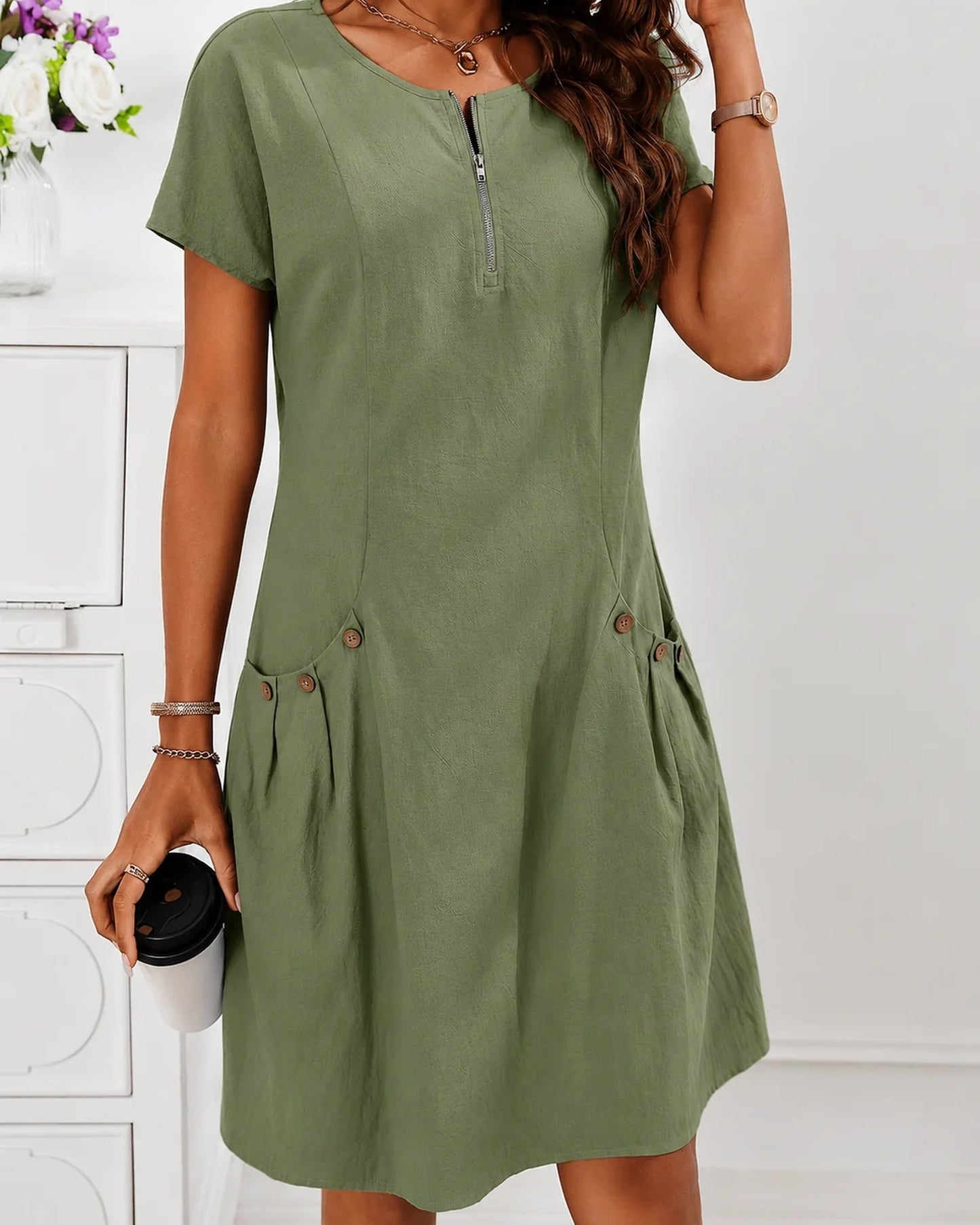 Candida Dames Midi Jurk | Voorzakken | Korte Mouwen