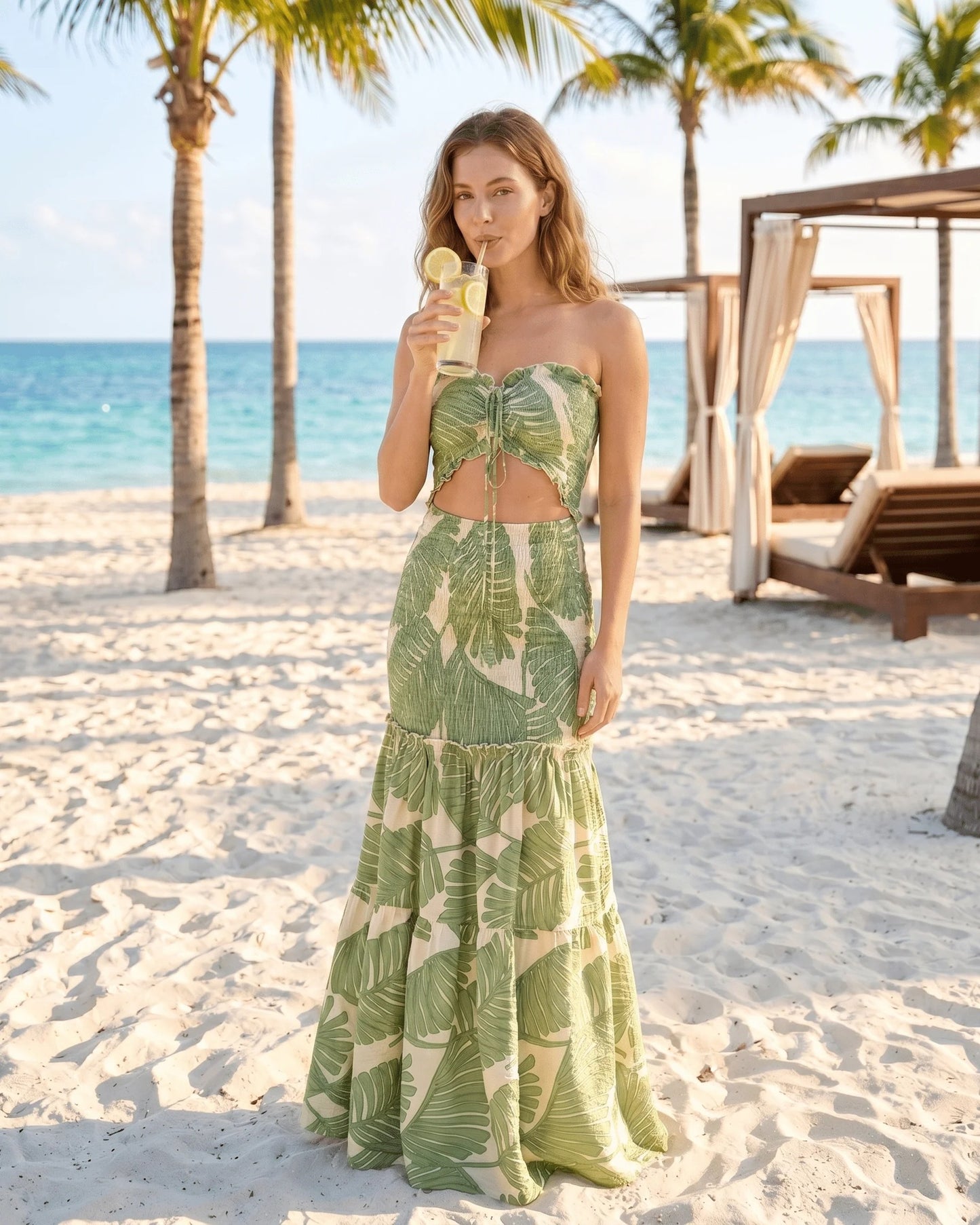 Marina Women's Maxi Dress | Palm Leaf Print | Strapless Cut-Out Detail