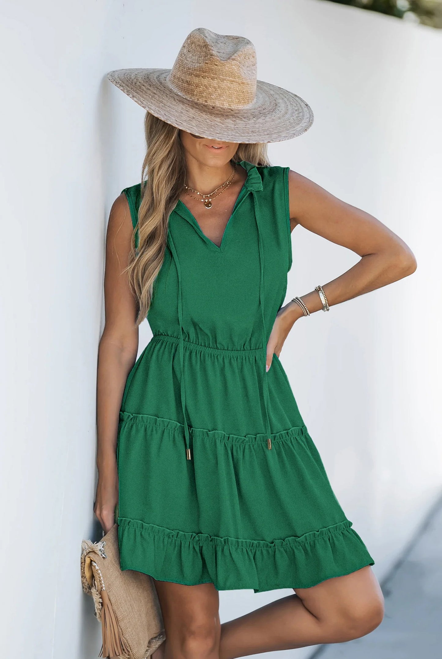 Hubertine Women's Mini Dress | Layered Ruffle | Bow-detail Neckline
