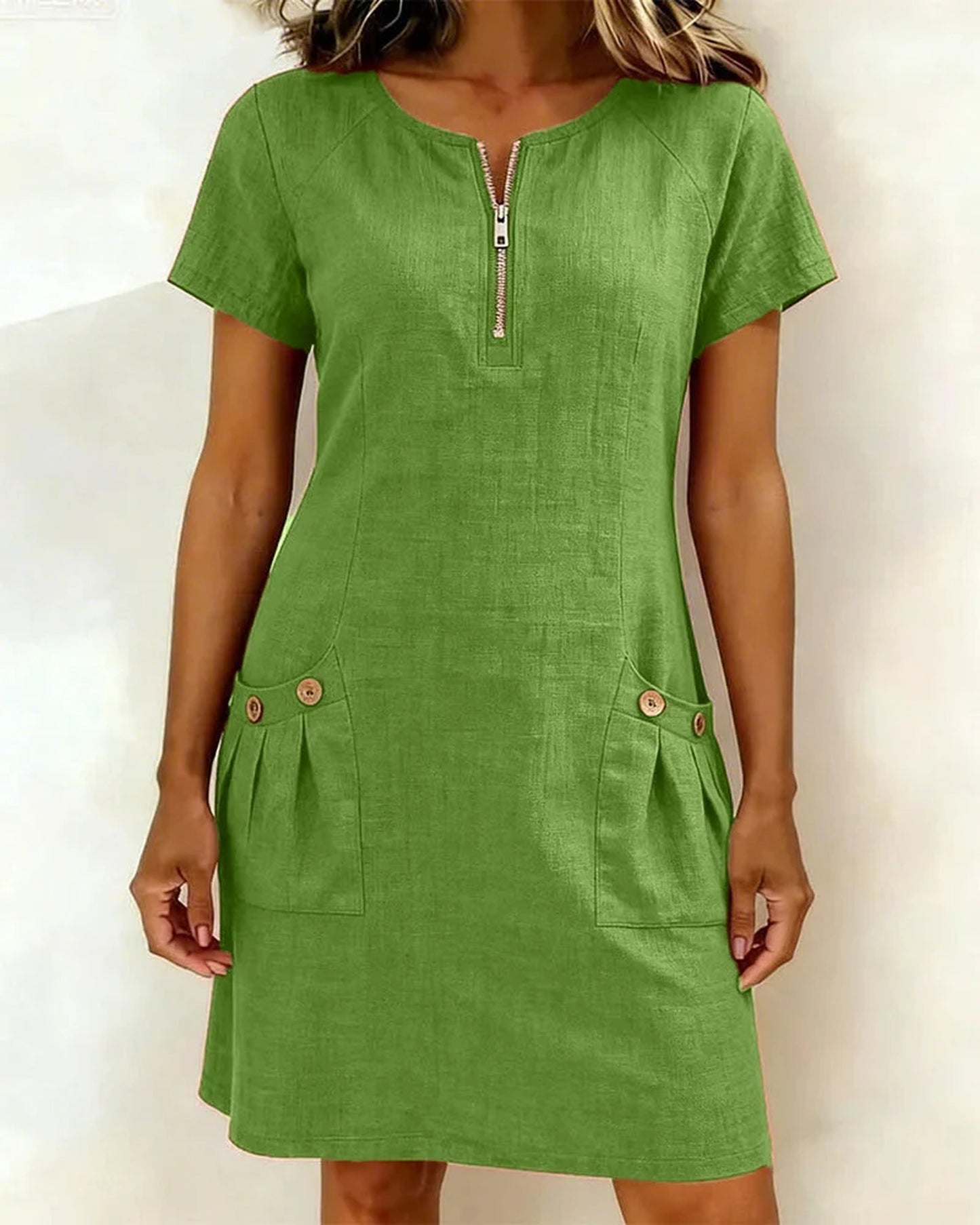 Candida Dames Midi Jurk | Voorzakken | Korte Mouwen