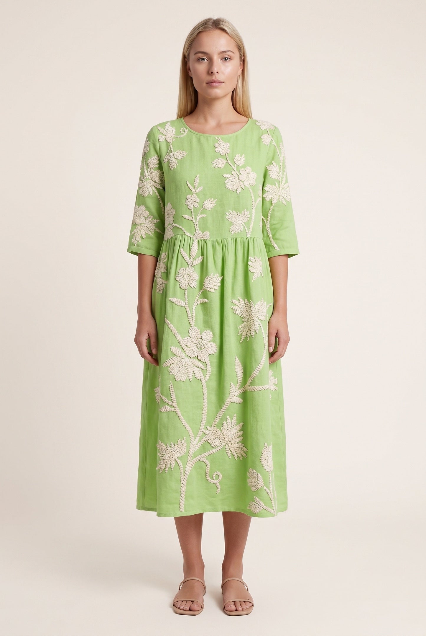 Morgane Dames Midi Jurk | Geborduurd Bloemenpatroon | Driekwart Mouwen