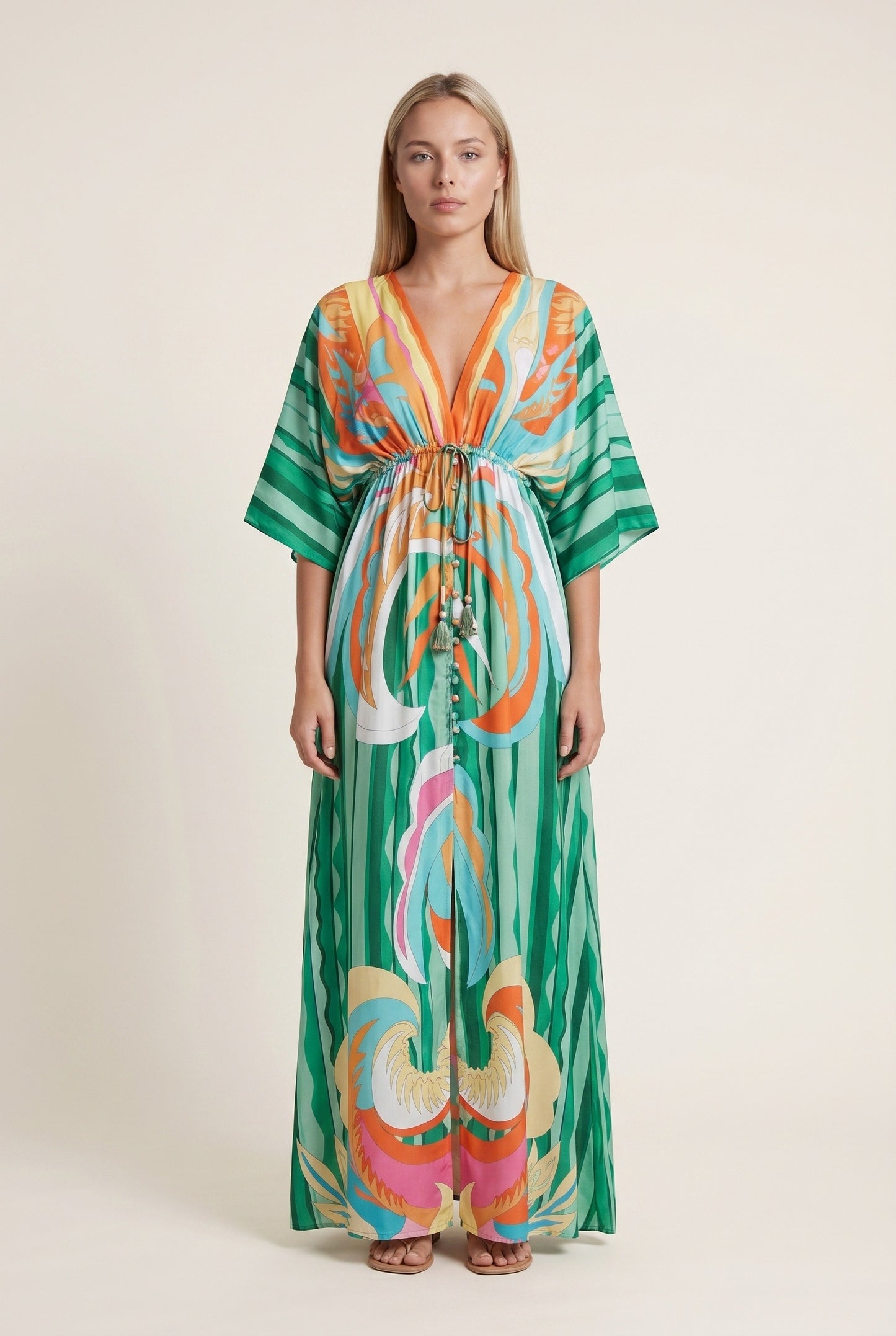 Monique Dames Maxi Jurk | Psychedelische Print | Kimono Mouwen