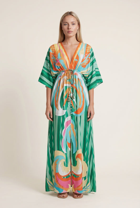 Monique Dames Maxi Jurk | Psychedelische Print | Kimono Mouwen