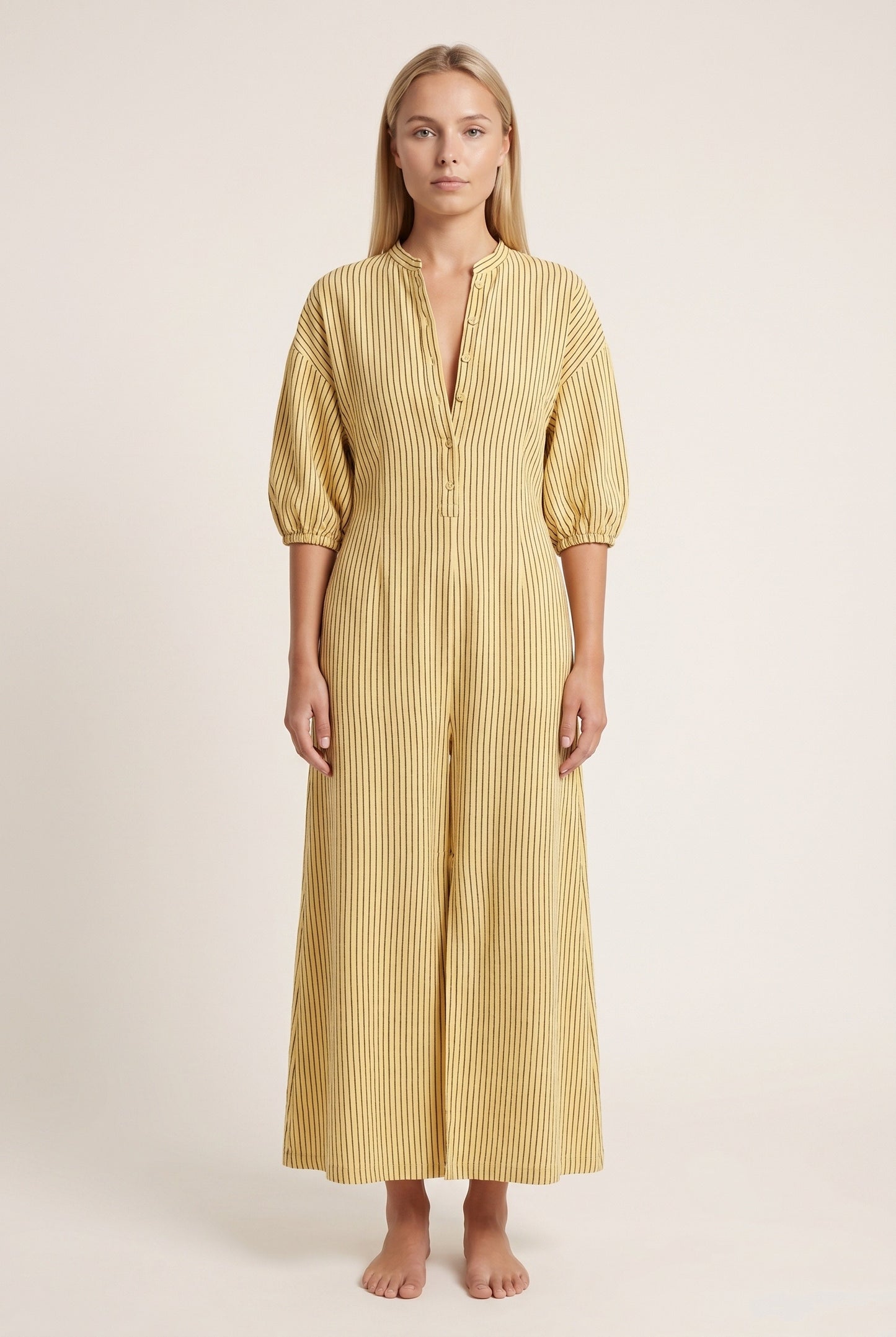 Éveline Dame Midi Kjole | Dyb V-Hals | Vertikal Stribetprint