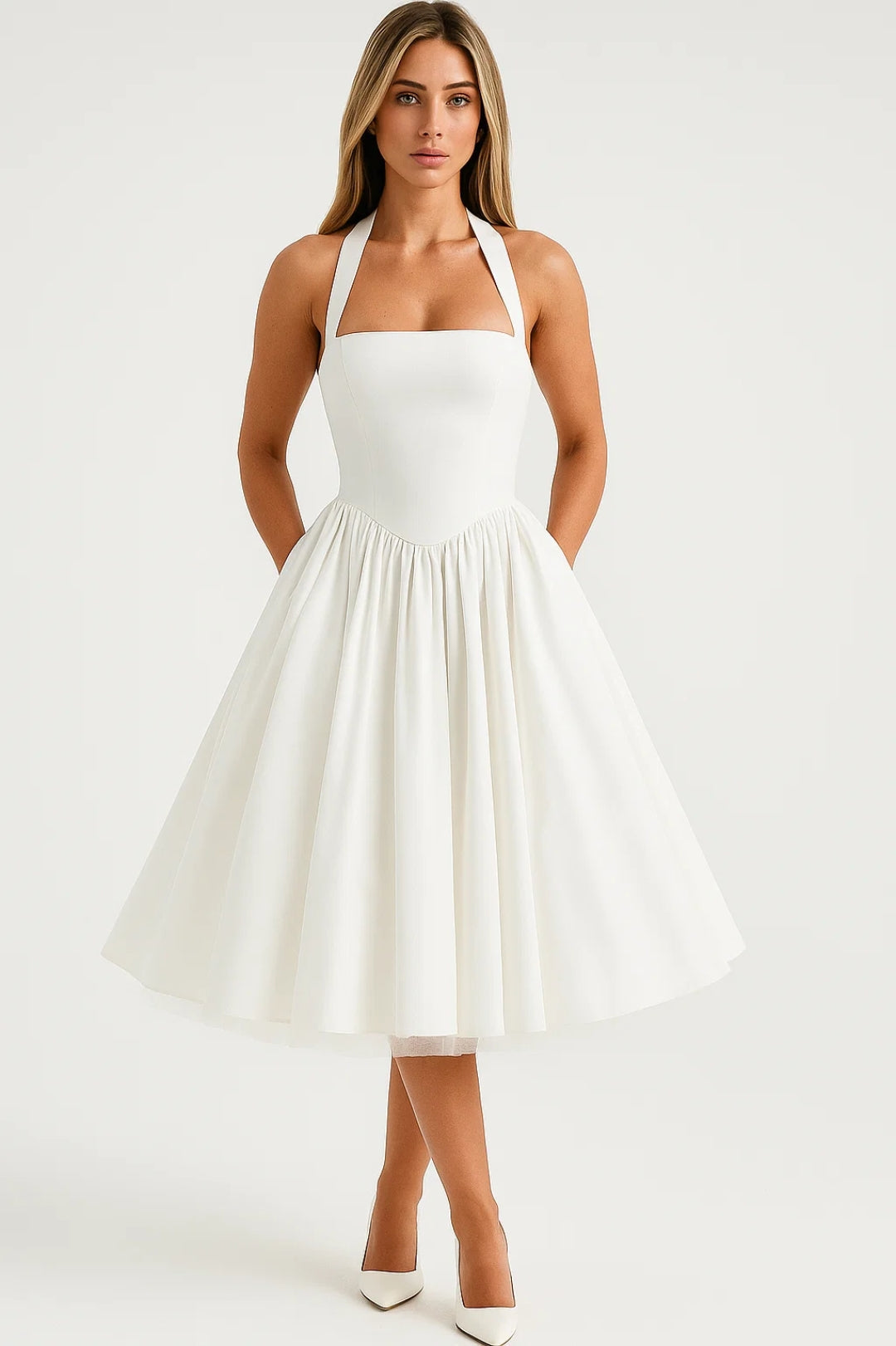 Helle Halterjurk Zomer – Vintage Midi Silhouet met Wijd Uitlopende Rok 0