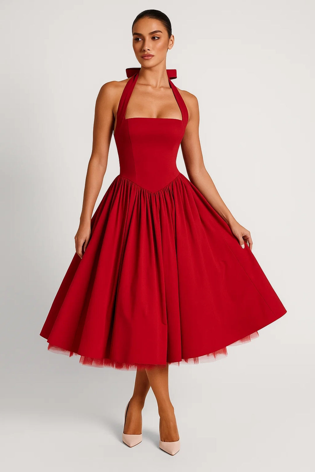 Helle Halterjurk Zomer – Vintage Midi Silhouet met Wijd Uitlopende Rok 4