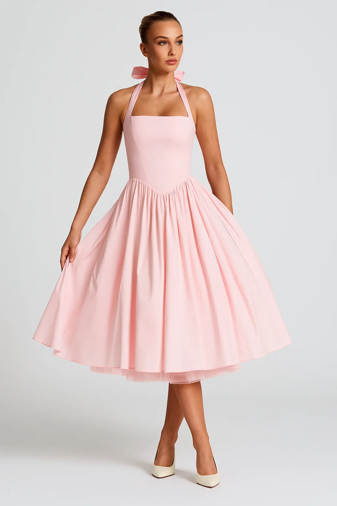 Helle Halterjurk Zomer – Vintage Midi Silhouet met Wijd Uitlopende Rok 5