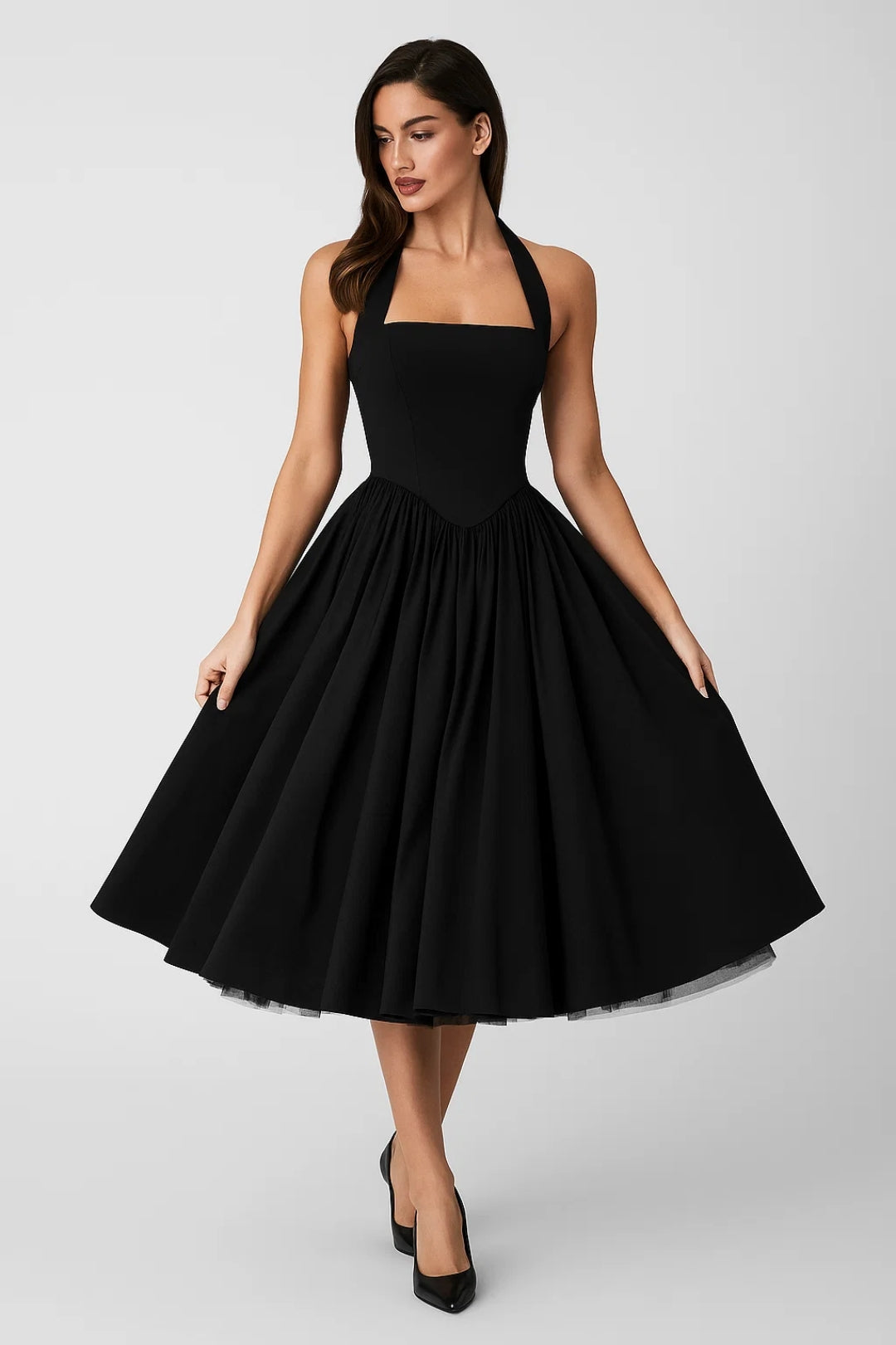 Helle Halterjurk Zomer – Vintage Midi Silhouet met Wijd Uitlopende Rok 6