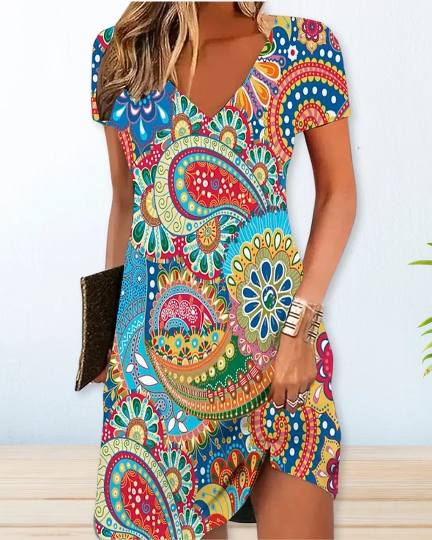 Cinzia Dame Midi Kjole | V-Hals | Blomsterprint