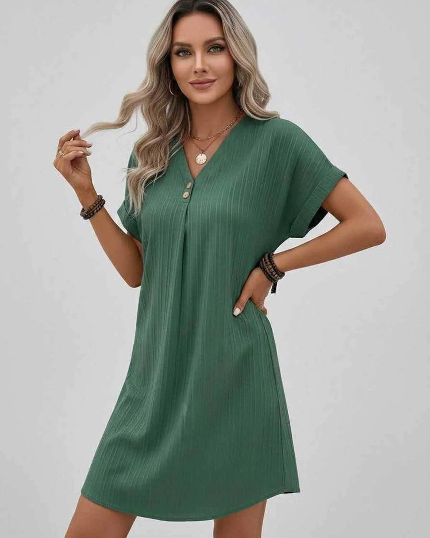 Magalie Women's Mini Dress | V-Neck with Buttons | Short Rolled Sleeves