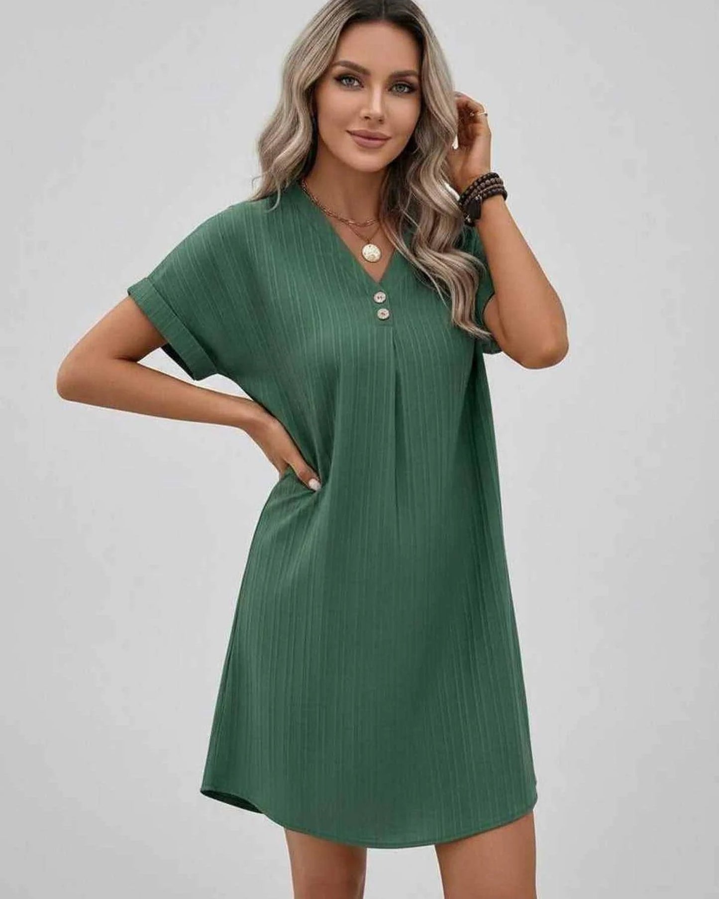 Magalie Women's Mini Dress | V-Neck with Buttons | Short Rolled Sleeves