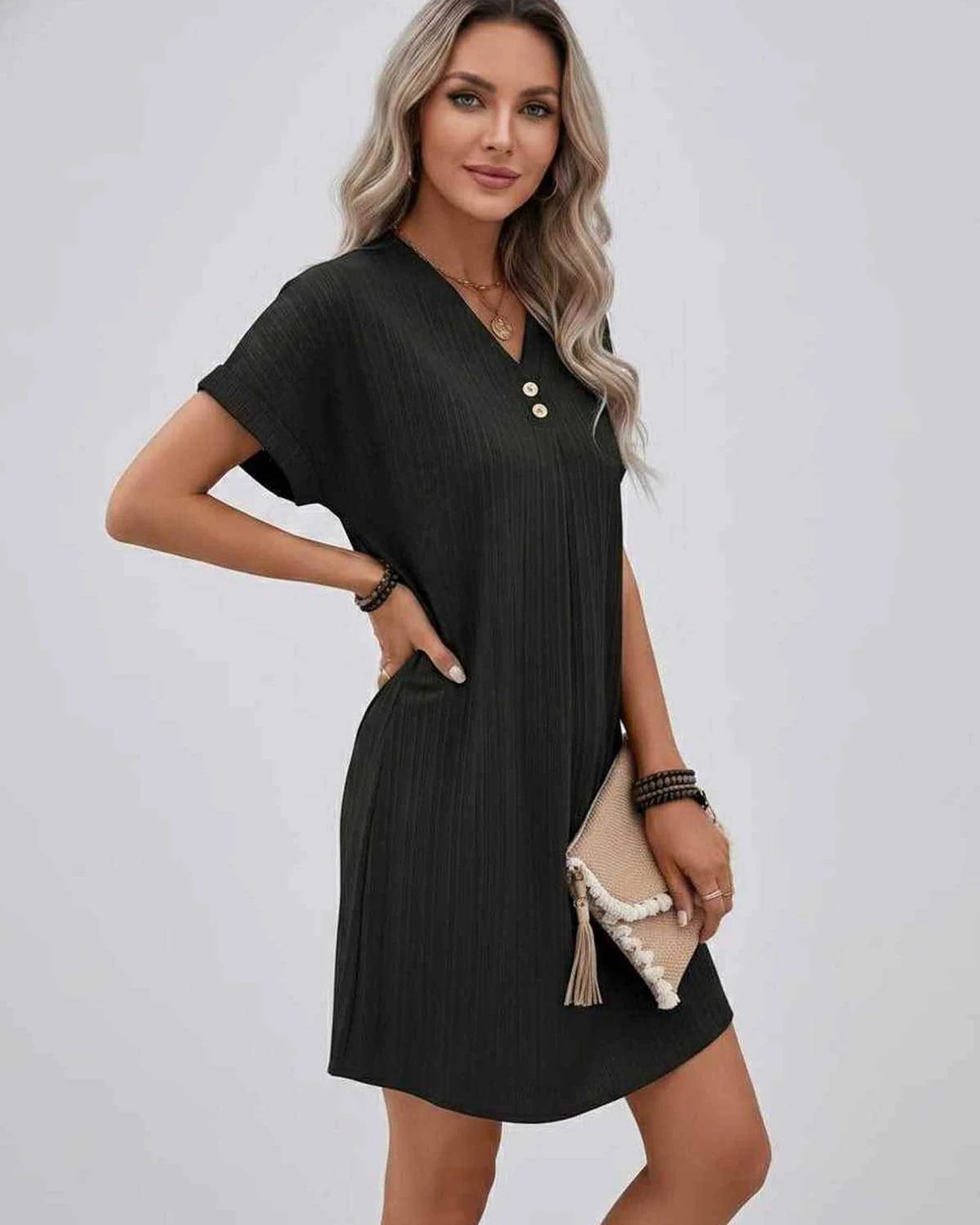 Magalie Women's Mini Dress | V-Neck with Buttons | Short Rolled Sleeves