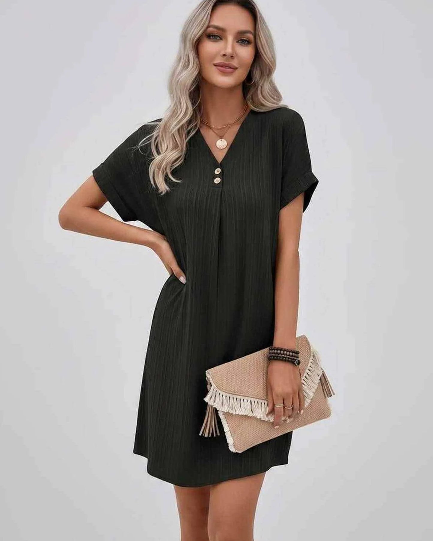 Magalie Women's Mini Dress | V-Neck with Buttons | Short Rolled Sleeves