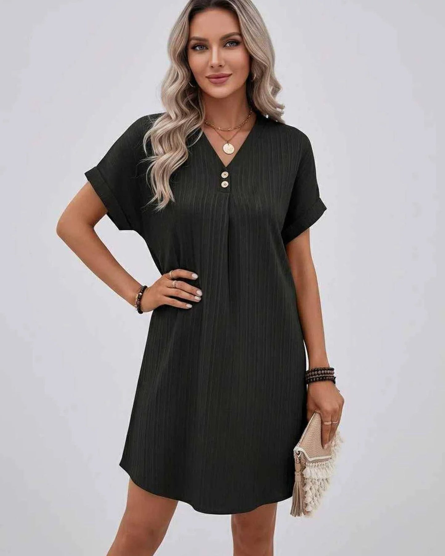 Magalie Women's Mini Dress | V-Neck with Buttons | Short Rolled Sleeves