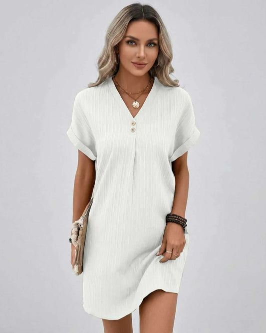 Magalie Women's Mini Dress | V-Neck with Buttons | Short Rolled Sleeves