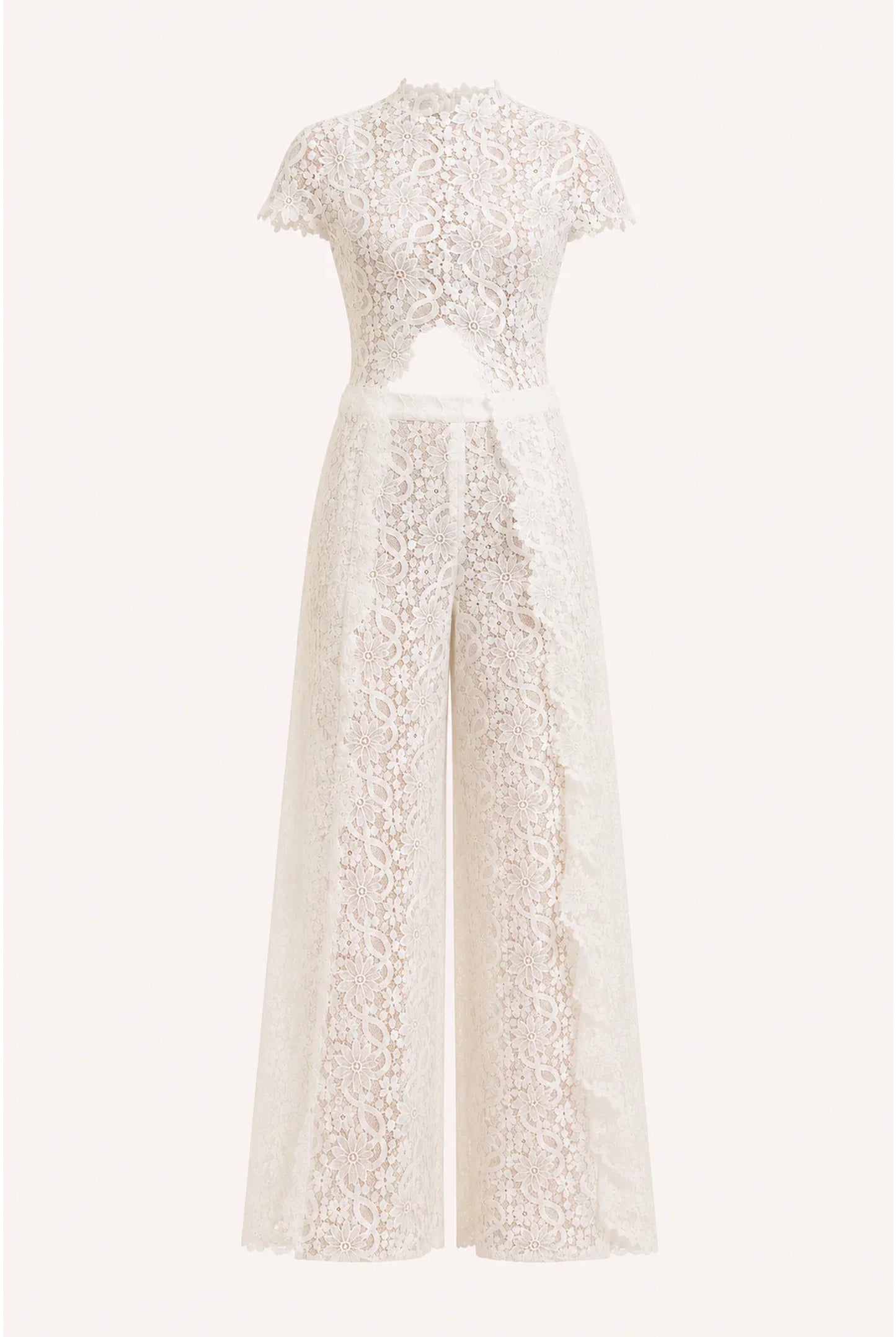 Evette Dames Ivoor Jumpsuit | Kanten Overlay | Wijde Pijpen