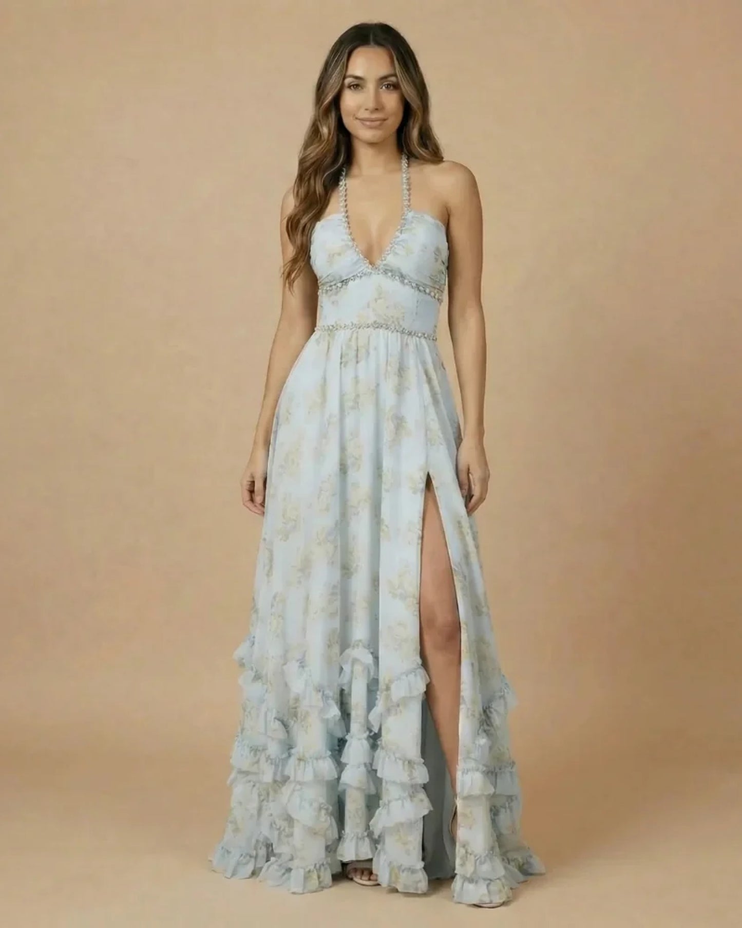 Dames Maxi Jurk | Halterneck | Gelaagde Franje
