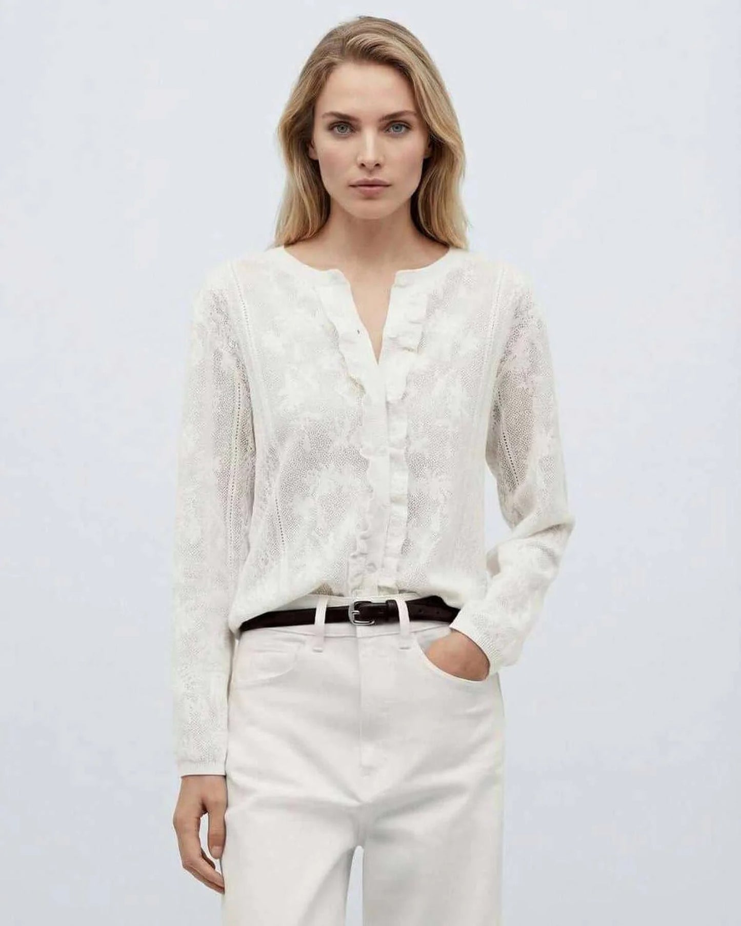 Louane Dames Top | V-Hals met Ruches | Kanten Textuur