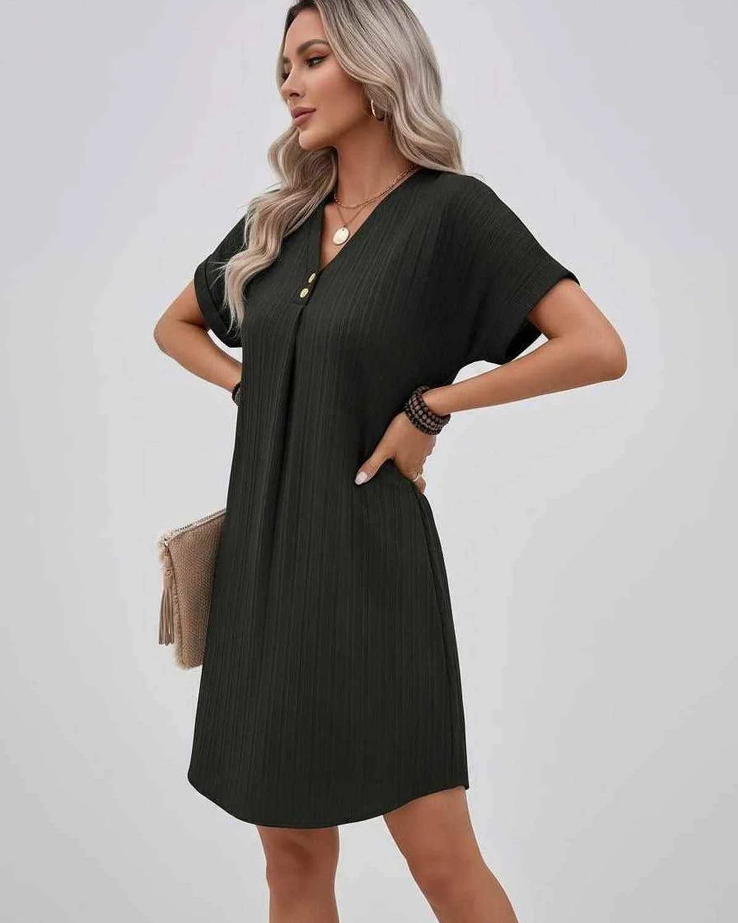 Magalie Women's Mini Dress | V-Neck with Buttons | Short Rolled Sleeves