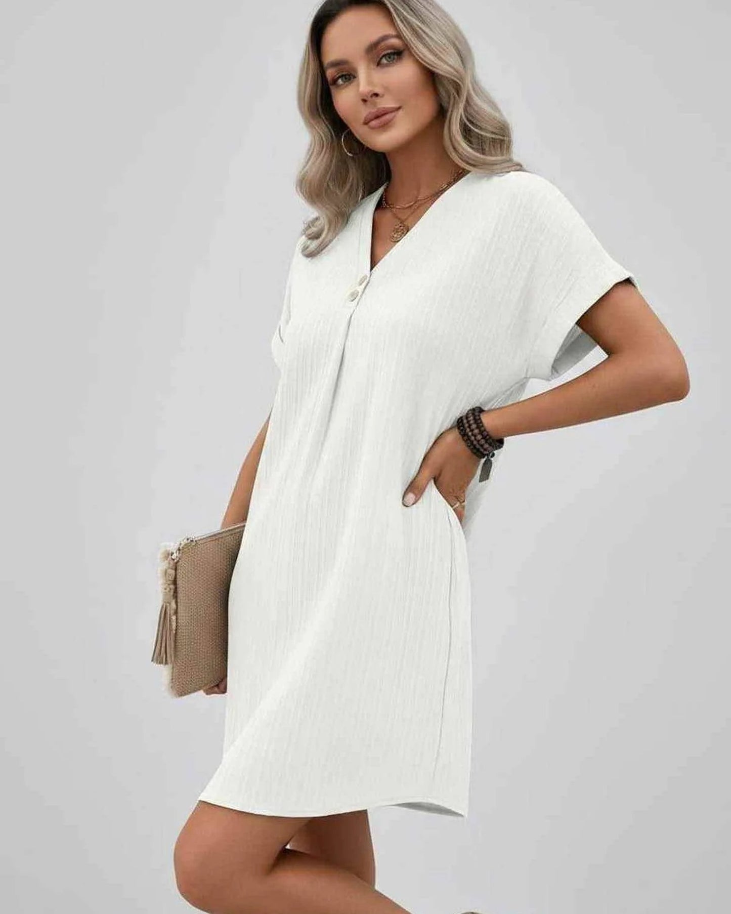 Magalie Women's Mini Dress | V-Neck with Buttons | Short Rolled Sleeves