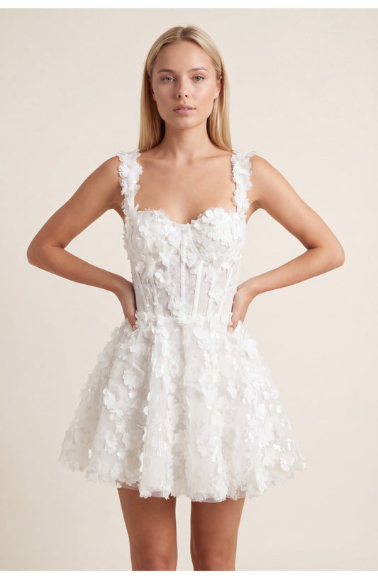 Dames Mini Jurk | 3D Bloemen Applicaties | Vierkante Halslijn