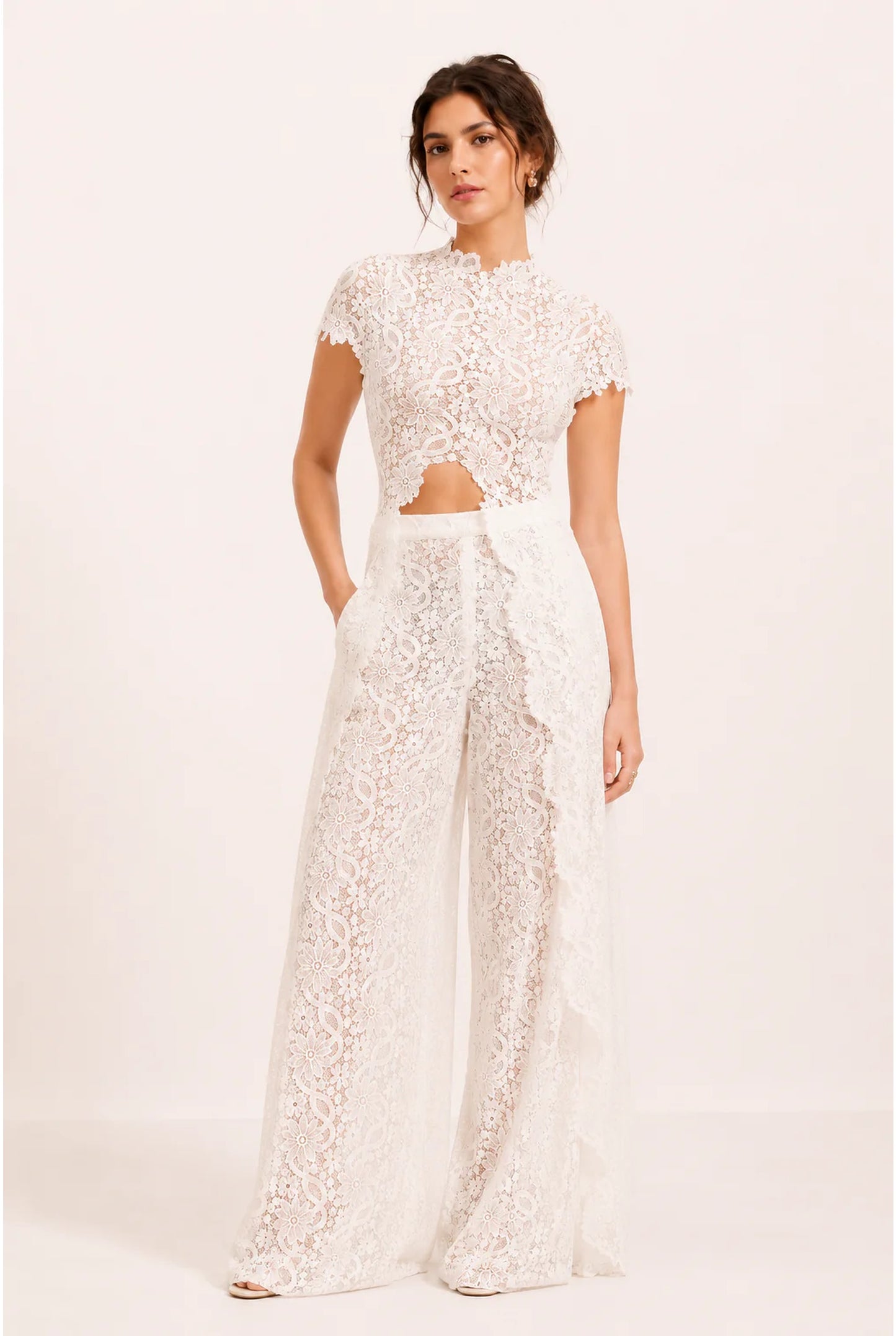 Evette Dames Ivoor Jumpsuit | Kanten Overlay | Wijde Pijpen