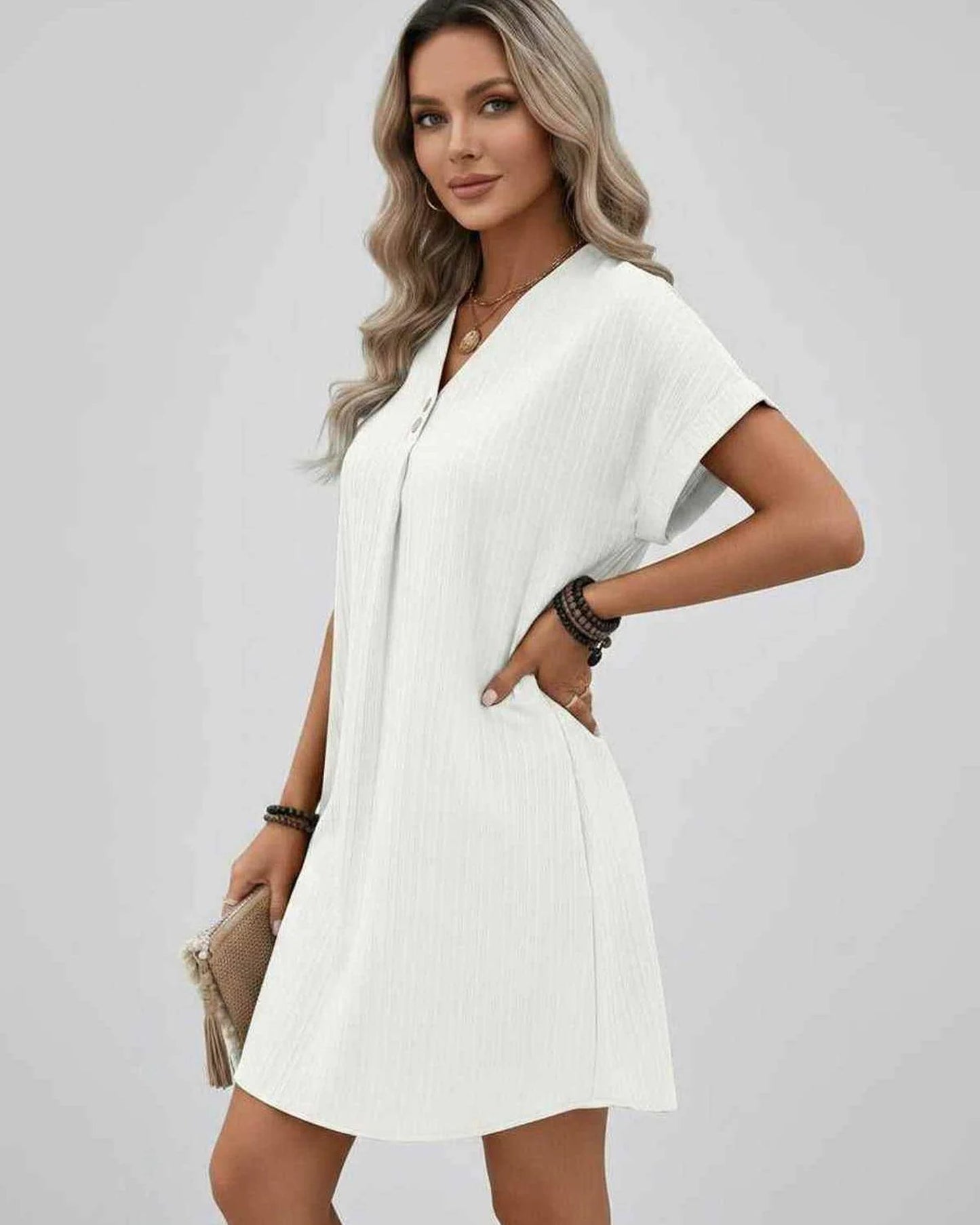 Magalie Women's Mini Dress | V-Neck with Buttons | Short Rolled Sleeves