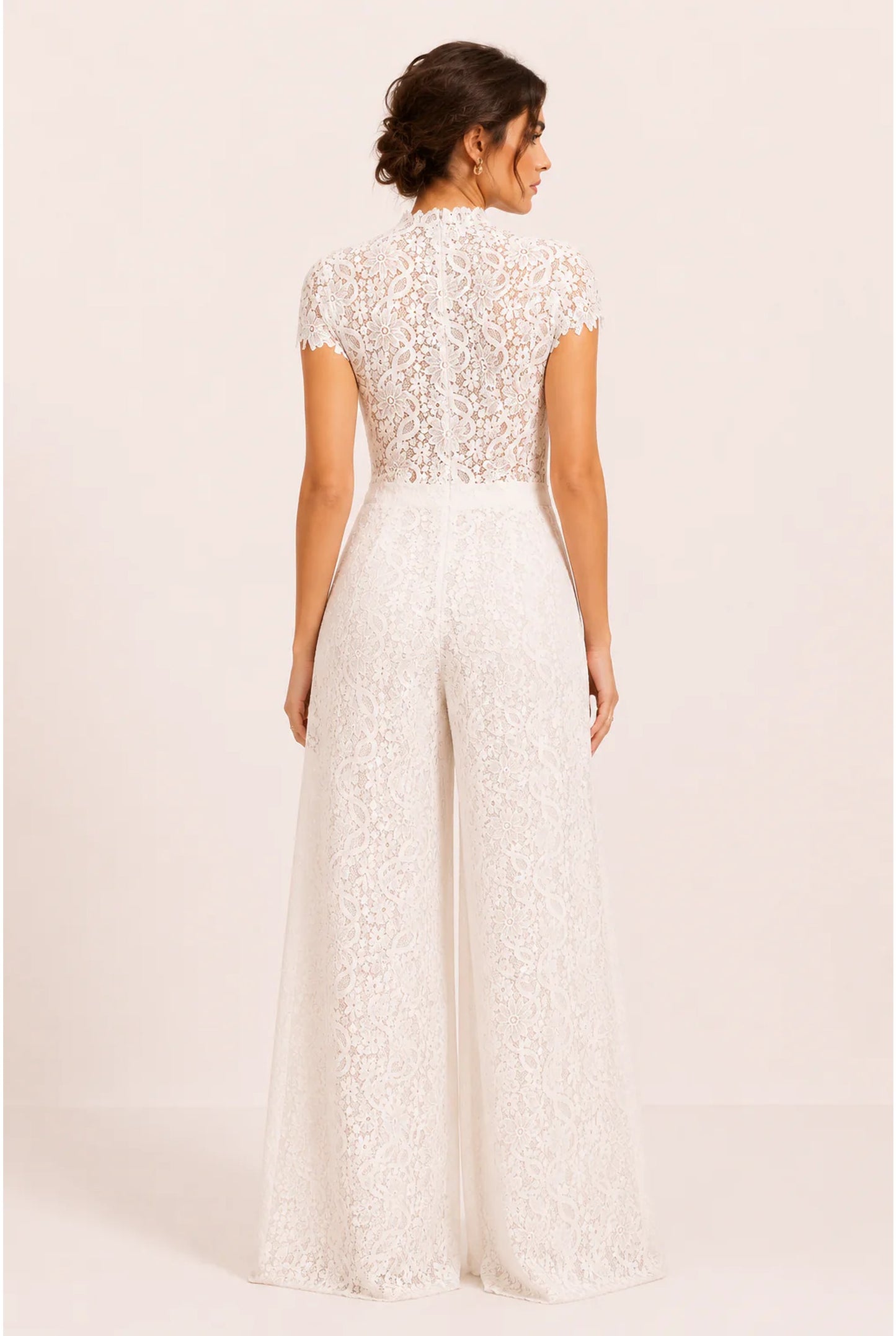 Evette Dames Ivoor Jumpsuit | Kanten Overlay | Wijde Pijpen